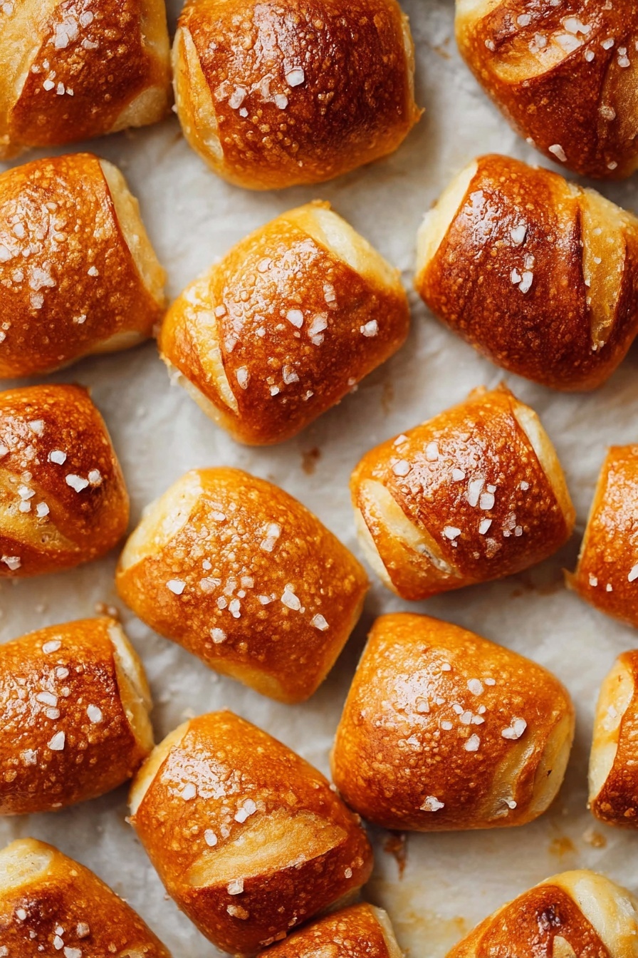 Vegan Pretzel Bites, vegan snack ideas, plant-based pretzels, easy vegan pretzels, salty vegan snacks - This image shows many small golden brown pretzel bites placed closely together in a grid pattern on a slightly shiny white baking sheet lined with parchment paper. Each pretzel bite has a smooth, shiny top crust with a few visible cracks and is sprinkled with coarse white salt crystals. The texture looks soft on the inside with a firm, slightly crispy outside. The warm orange-brown color varies slightly on each piece, giving a fresh baked look. The baking sheet rests on a white marbled surface photo taken with an iphone --ar 2:3 --v 7