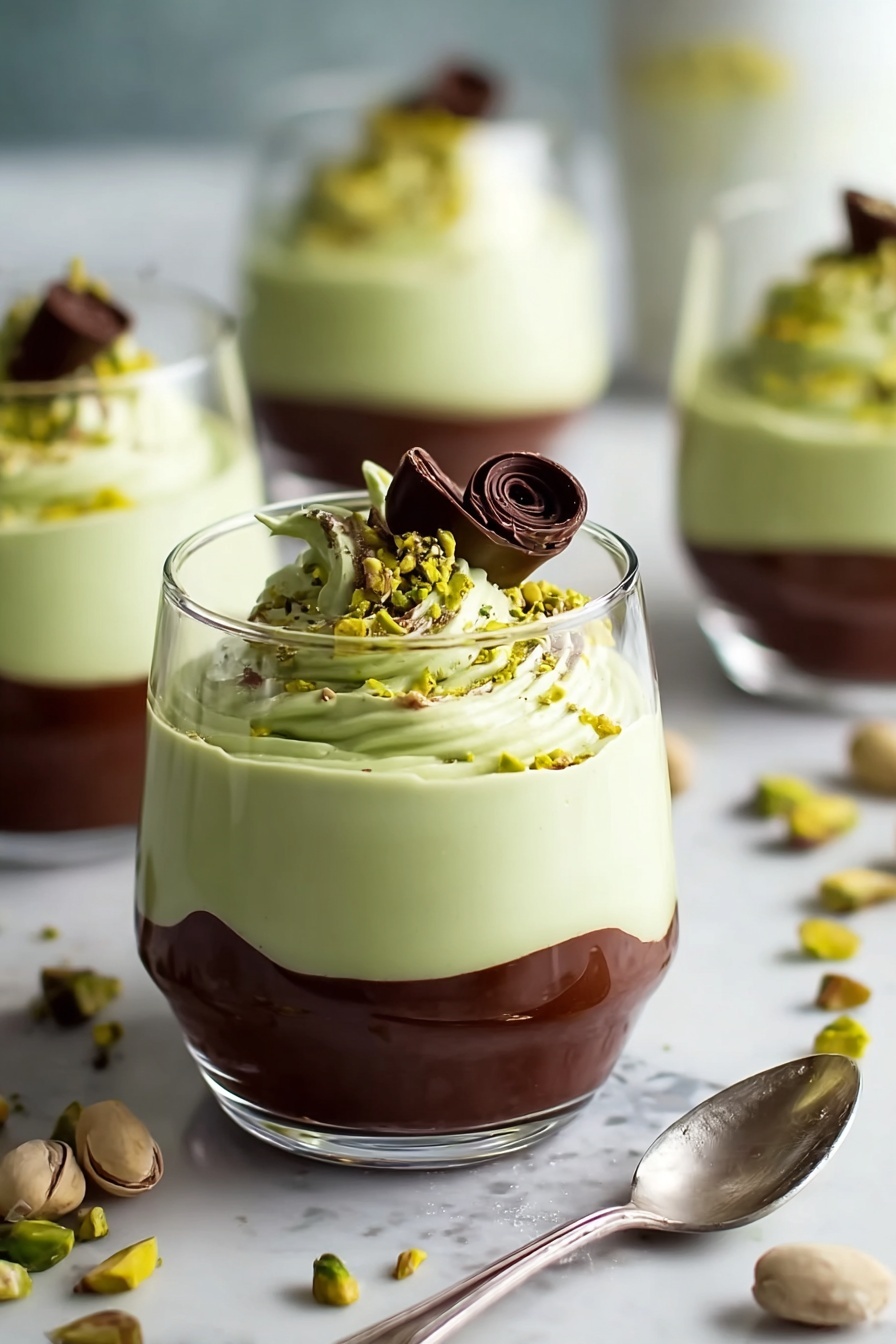 Pistachio Mousse with Chocolate Ganache, pistachio dessert, chocolate mousse recipe, elegant mousse dessert, easy dessert recipes - A clear glass holds a dessert with two layers: the bottom layer is a dark brown smooth pudding, and on top is a thick light green creamy swirl filling the glass almost to the top. The creamy layer is decorated with a small dollop of the same green cream, a small chocolate curl, and sprinkled with green crushed pistachios. Similar glasses with the same dessert are blurred in the background, set on a white marbled surface with scattered pistachios around. A woman's hand holds a silver spoon near the edge of the frame. photo taken with an iphone --ar 2:3 --v 7