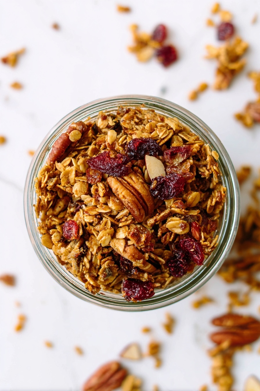 Gingerbread Granola, spiced granola recipe, crunchy breakfast granola, homemade gingerbread granola, holiday granola snack - A close-up top view of a glass bowl filled with granola that has one layer; the granola is a mix of golden brown oats, darker brown pecans, reddish dried cranberries, and lighter almond flakes scattered throughout. The bowl sits on a white marbled texture with a few small granola pieces scattered around it. photo taken with an iphone --ar 2:3 --v 7