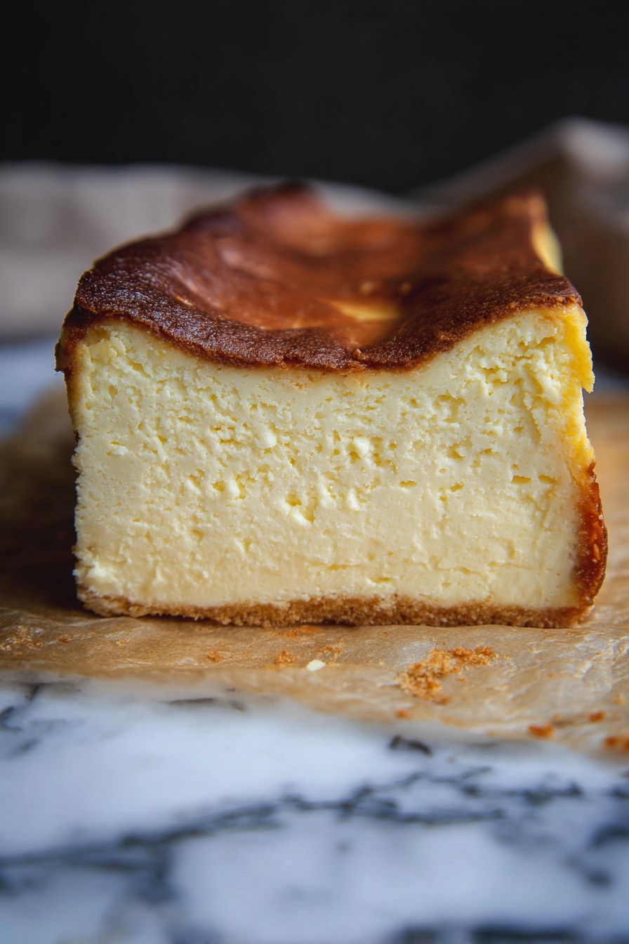 Loaf Pan Basque Cheesecake, Basque cheesecake without springform pan, rustic cheesecake recipe, easy cheesecake baking, caramelized cheesecake ideas - A thick slice of cheesecake with one visible layer that is pale yellow and creamy, showing a smooth, dense texture. The top layer is a darker golden brown crust, slightly wrinkled and uneven. The cheesecake sits on a parchment paper that has crumbs around it, all placed on a surface with a white marbled texture. The background is dark and blurred, highlighting the cheesecake in the front. Photo taken with an iphone --ar 2:3 --v 7