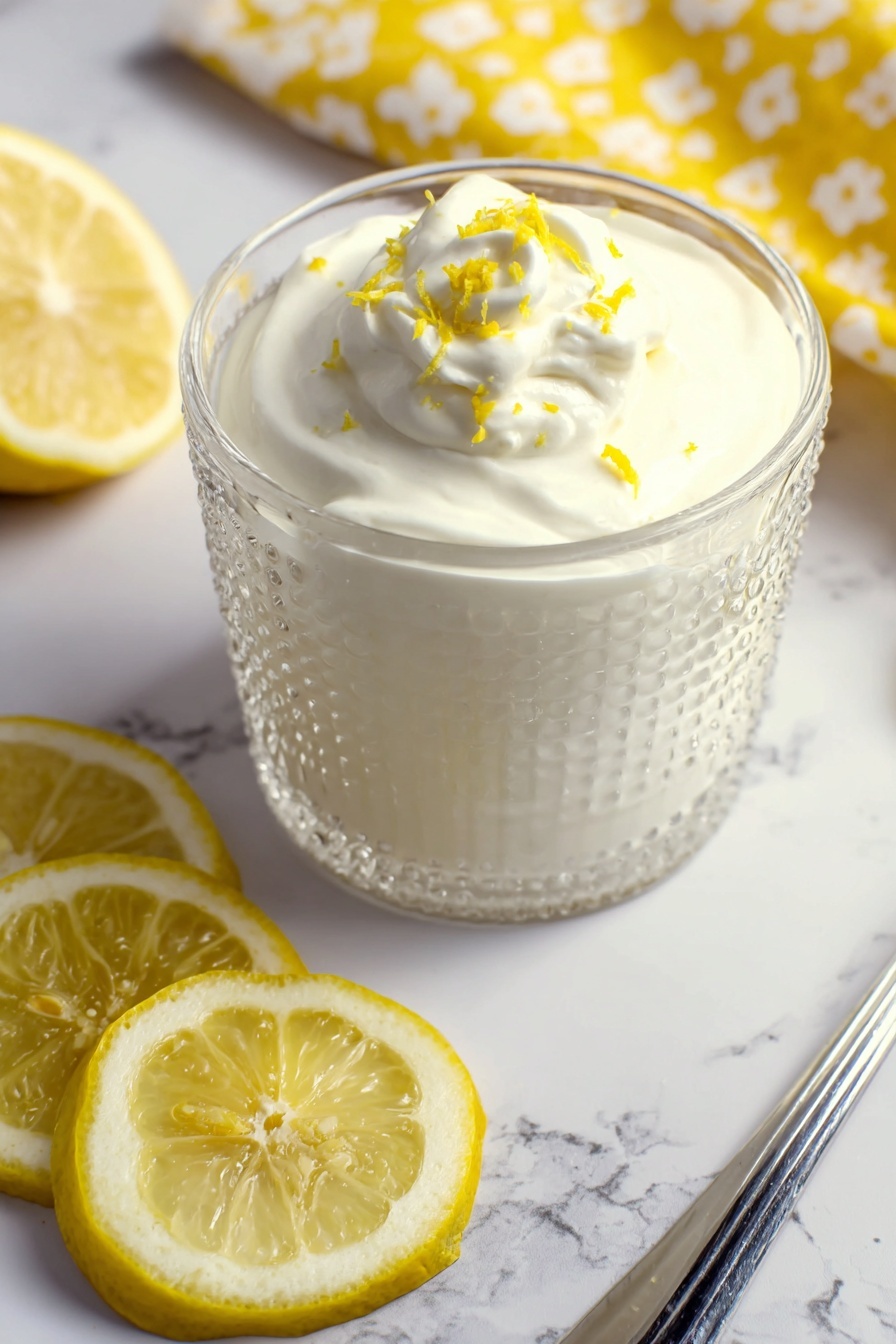 Lemon Mousse, lemon mousse recipe, citrus dessert, quick lemon mousse, easy lemon mousse - The image shows a clear glass cup filled with a smooth white creamy dessert that appears to be layered twice, topped with a dollop of whipped cream and tiny yellow lemon zest pieces scattered on top. The cup has a textured design around its edges and is placed on a white marbled surface. To the left of the cup, there are three bright yellow lemon slices stacked slightly overlapping each other. On the right side, a silver spoon lies flat on the surface. A yellow cloth with white patterns is partly visible in the upper right corner. Photo taken with an iphone --ar 2:3 --v 7
