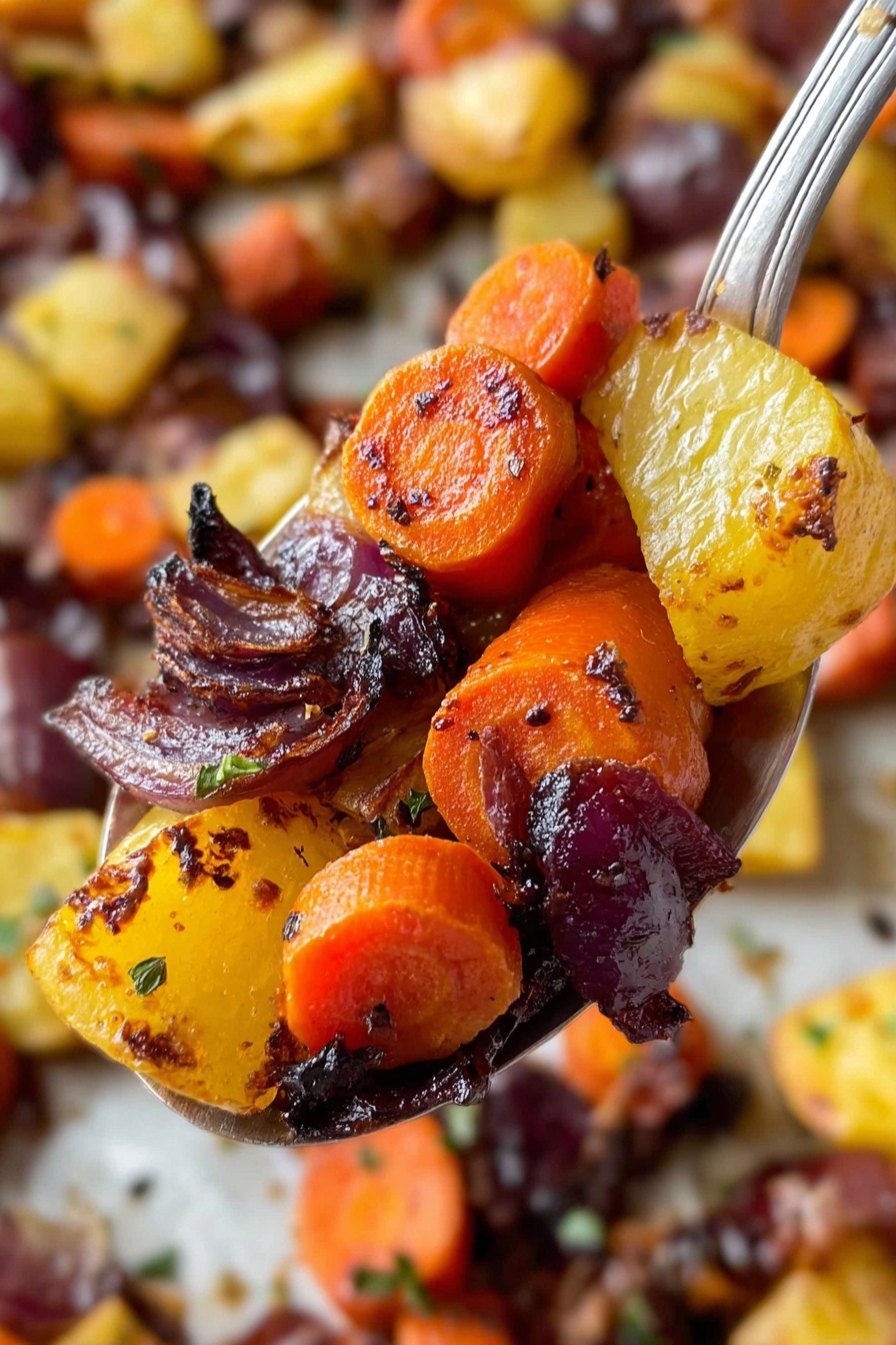 Maple Dijon Roasted Carrots and Apples, roasted carrot and apple side dish, easy fall vegetable recipes, healthy roasted vegetable ideas, sweet and savory roasted vegetables - A close-up image of roasted vegetables on a silver spoon held over a white marbled surface, showing three layers of vegetables: bright orange carrot slices with a slightly charred dark brown edge, golden yellow potato chunks with crisped edges and specks of herbs, and deep purple pieces of onion with a caramelized texture and some blackened spots. The background is filled with more roasted vegetables in the same colors and textures, creating a vibrant mix of orange, yellow, and purple tones. Photo taken with an iphone --ar 2:3 --v 7