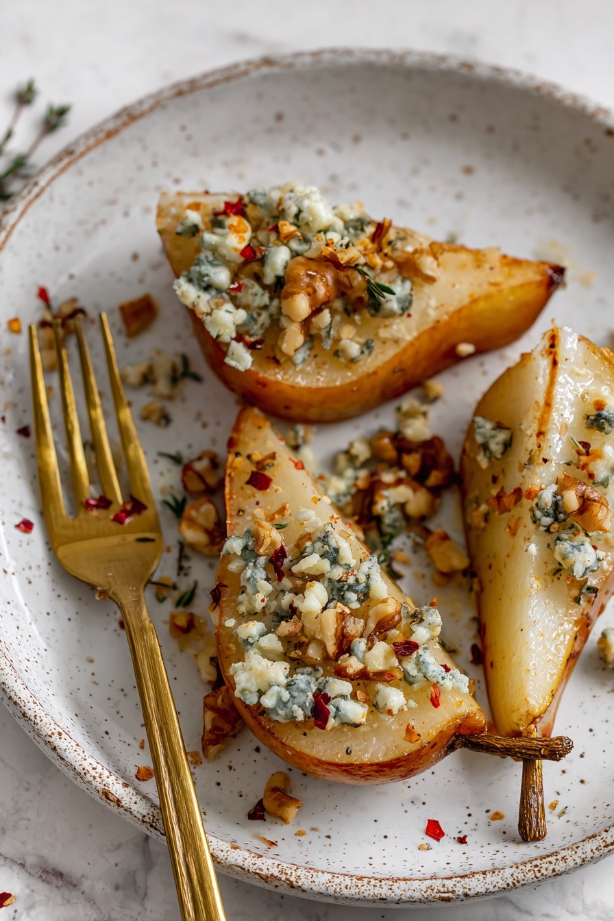 Blue Cheese Stuffed Pears, stuffed pears appetizer, elegant pear appetizer, blue cheese and pear recipes, easy party appetizers - A white speckled plate holds three pieces of roasted pear wedges with a golden brown caramelized outer edge. On top of each pear wedge, there is a layer of crumbly blue cheese mixed with chopped walnuts and sprinkled with small red chili flakes and thyme leaves, adding texture and color contrast. A gold fork rests on the left side of the plate, which sits on a white marbled surface. The scene shows close-up textures of the juicy, soft pears and creamy cheese topping photo taken with an iphone --ar 2:3 --v 7