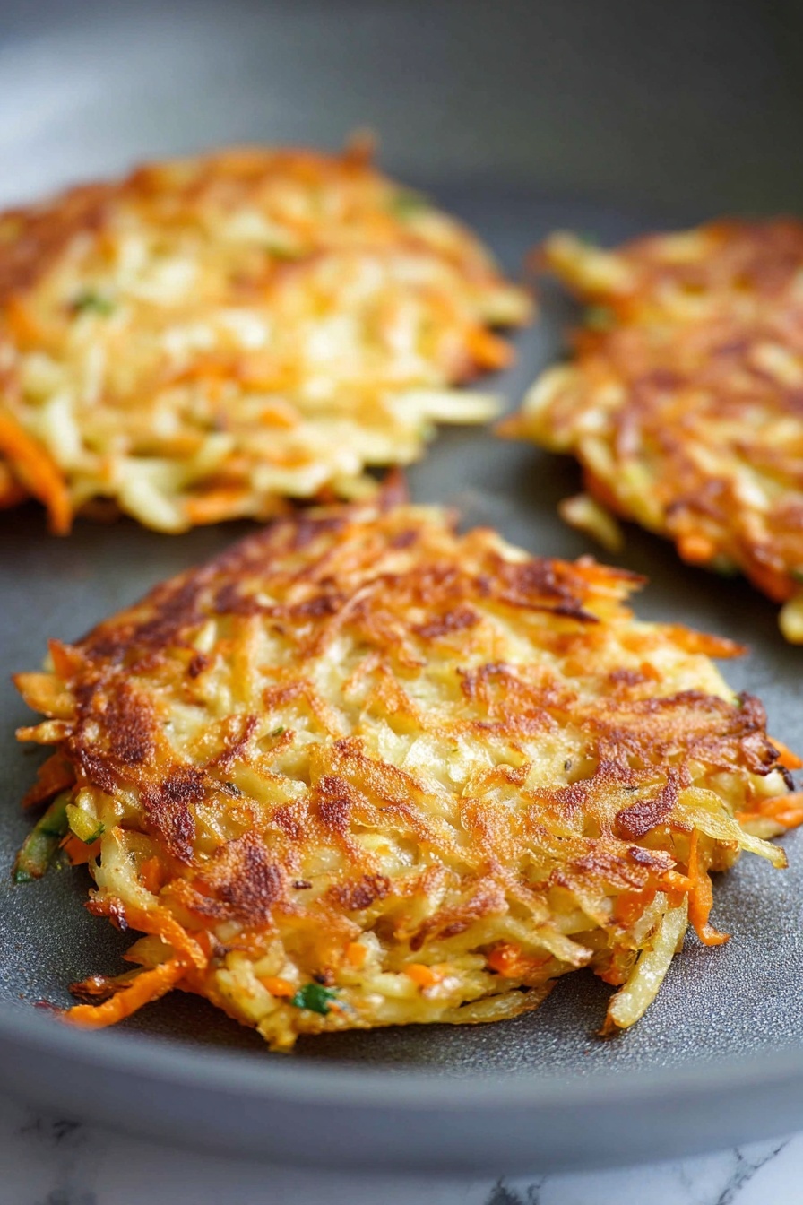 Cabbage Fritters, easy cabbage fritters, crispy vegetable fritters, healthy cabbage snacks, quick vegetarian appetizers - The image shows three crispy golden-brown patties cooking on a gray pan, each patty made from shredded vegetables with visible orange and pale yellow strands, likely carrots and potatoes, with small green bits. The front patty is in sharp focus, showing a crunchy, textured surface with some darker brown edges, while the other two patties are more blurred in the background. The gray pan contrasts with the warm colors of the patties, and the background is a white marbled texture. Photo taken with an iphone --ar 2:3 --v 7