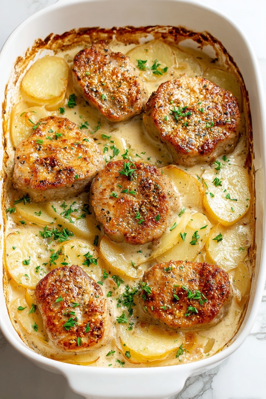 Smothered Pork Chop and Scalloped Potato Casserole, pork chop and scalloped potato casserole, hearty pork and potato bake, comforting pork dinner, baked pork chop recipe - In a white baking dish, there are five golden brown cooked meat pieces placed on top of a layer of thin potato slices. The potatoes are creamy white with a soft texture, showing slightly browned edges. The meat has a warm brown crust with visible pepper seasoning. Bits of chopped green herbs are sprinkled over the dish, adding a fresh color contrast. The edges of the baking dish show some browned sauce residue, and the background is a white marbled surface. photo taken with an iphone --ar 2:3 --v 7