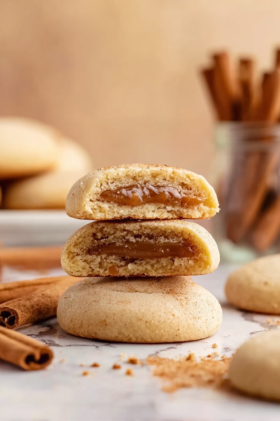 Brown Sugar Pop Tart Cookies, easy pop tart cookies, cinnamon glaze cookies, homemade sweet cookies, brown sugar dessert treats - The image shows a stack of three soft cookies on a white marbled surface, with a close-up of two halves of one cookie placed on top, revealing a cinnamon-colored filling inside. The cookies are light golden brown with a smooth, slightly cracked surface. Scattered cookie crumbs and two cinnamon sticks lie next to the stack, while blurred cookie batches and a glass jar filled with cinnamon sticks appear in the background, all set against a warm, beige backdrop. photo taken with an iphone --ar 2:3 --v 7