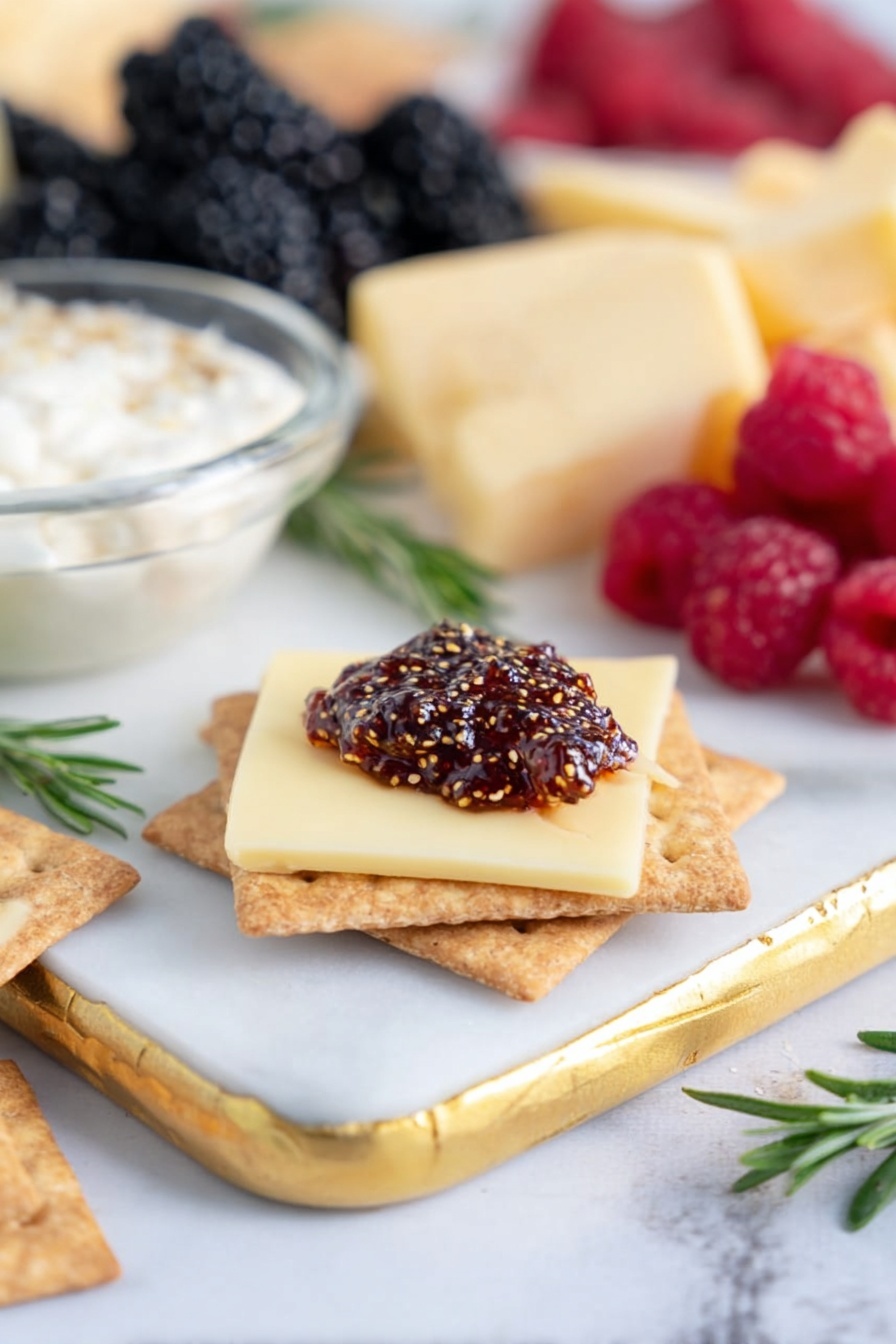 Easy Fig Chutney, fig chutney recipe, homemade fig chutney, sweet and tangy chutney, quick fruit chutney - A close-up of a snack with a square cracker as the base, topped with a light yellow cheese slice, and a dollop of dark, textured fig jam with visible seeds on top, all resting on a white marbled board edged with gold. In the background, there are fresh blackberries and raspberries, pale yellow cheese wedges, and beige crackers, with a clear glass bowl of creamy white dip to the side. A sprig of green rosemary lies near the cracker stack. The photo taken with an iphone --ar 2:3 --v 7