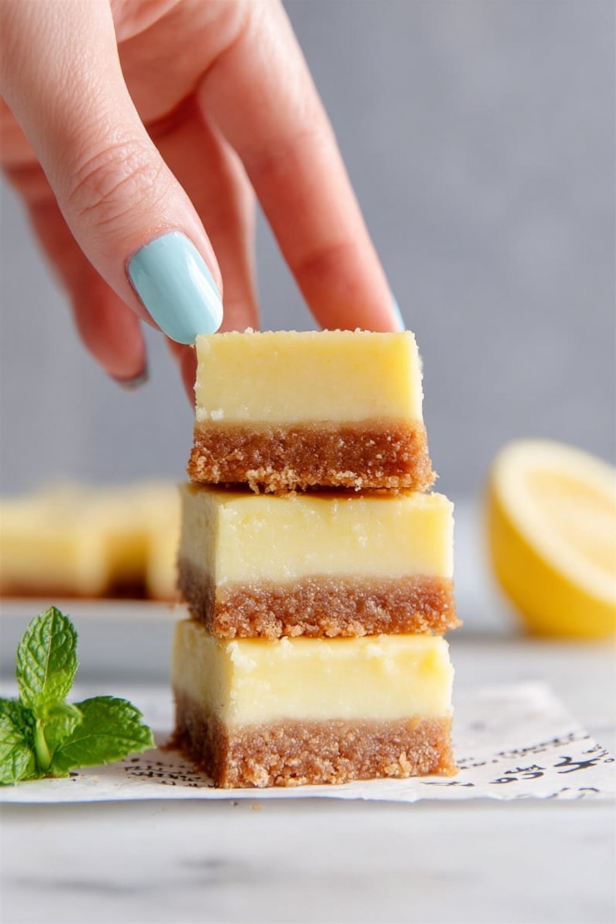 Creamy Lemon Squares, Lemon Squares, Lemon Dessert, Easy Lemon Bars, Tangy Lemon Squares - The image shows three stacked lemon bars with two distinct layers each: a thick top layer of smooth, pale yellow lemon filling with a soft texture, and a bottom layer of crumbly brown crust. A woman's hand with light blue nail polish gently holds the top lemon bar. The lemon bars are placed on a white marbled surface, with a small green mint sprig visible to the left side and a blurred lemon bar and gray background in the back. Photo taken with an iphone --ar 2:3 --v 7