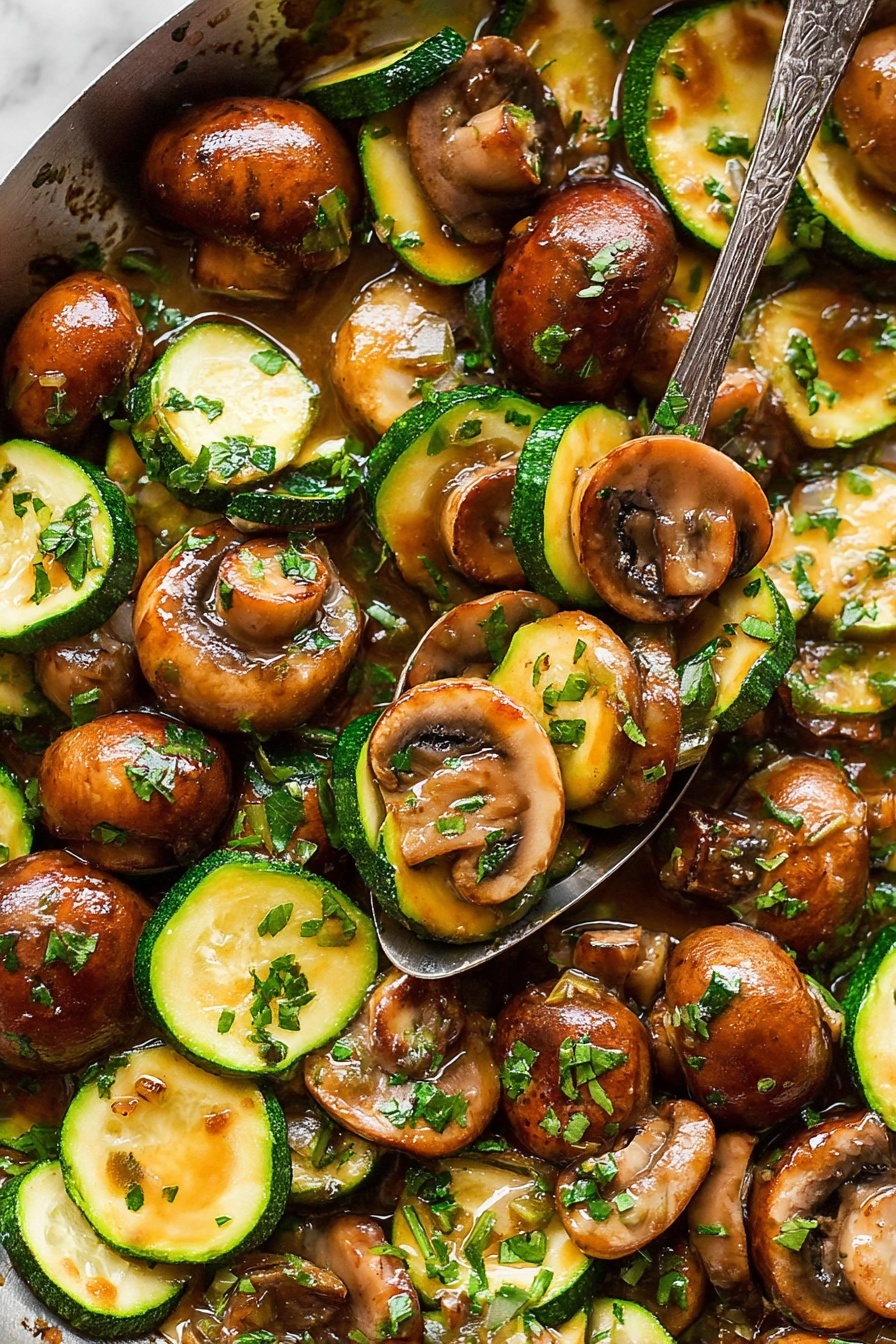 Skillet Zucchini and Mushrooms, healthy vegetable side dish, quick zucchini mushroom recipe, easy veggie stir-fry, flavorful zucchini mushroom skillet - The image shows a close-up of cooked mushrooms and zucchini mixed together in a sauce, with the mushrooms having a rich brown color and glossy texture, some whole and some with visible gills, while the zucchini is cut into thick green slices with light yellow flesh, scattered fresh green parsley pieces are sprinkled on top, and a silver spoon is partly visible scooping some of the mix; all of this sits on a white marbled surface. photo taken with an iphone --ar 2:3 --v 7