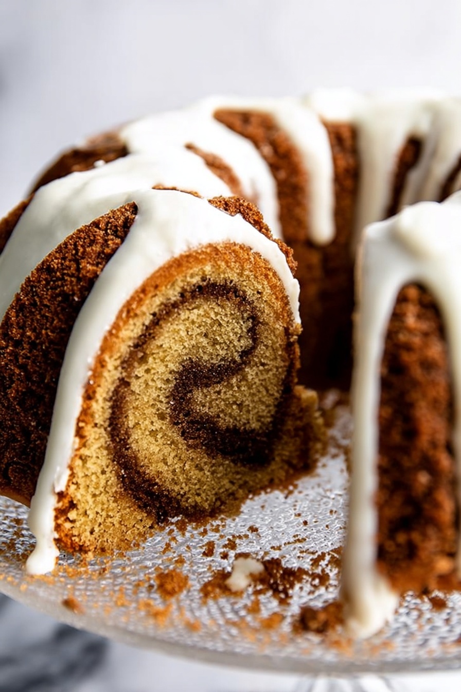 Cinnamon Bundt Cake with Cream Cheese Icing, cinnamon bundt cake, easy cinnamon cake recipe, soft cinnamon cake with icing, holiday bundt cake desserts - A close-up view of a sliced bundt cake with a spiral pattern of light and dark brown layers, topped with thick white icing dripping down the cake. The cake has a slightly rough, crumbly texture on the outer darker layer and a moist, soft look inside. It sits on a clear, round stand with some crumbs around the base, all on a white marbled surface. photo taken with an iphone --ar 2:3 --v 7