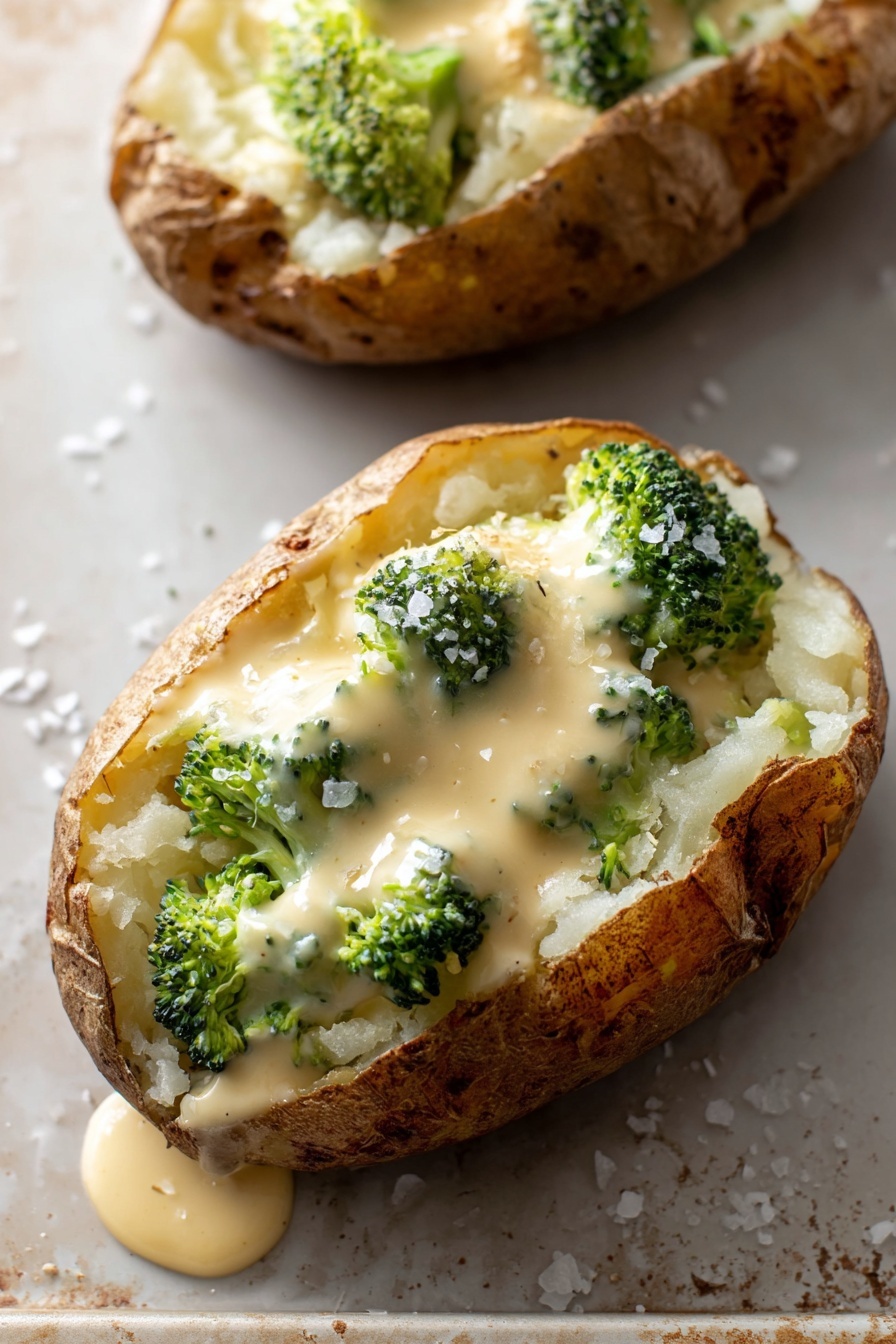 Cheesy Broccoli Baked Potatoes, baked potato with cheesy broccoli, cheesy broccoli stuffed baked potato, easy baked potato recipes, wholesome comfort food - Two baked potato halves with rough brown skin and fluffy white insides sit on a white marbled textured surface. Each potato is topped with a creamy, light yellow cheese sauce mixed with small bright green broccoli florets, some sauce dripping over the edge. Coarse salt crystals are scattered around the potatoes, adding texture. The close-up view highlights the soft, crumbly texture of the potato and the smooth, rich sauce. photo taken with an iphone --ar 2:3 --v 7