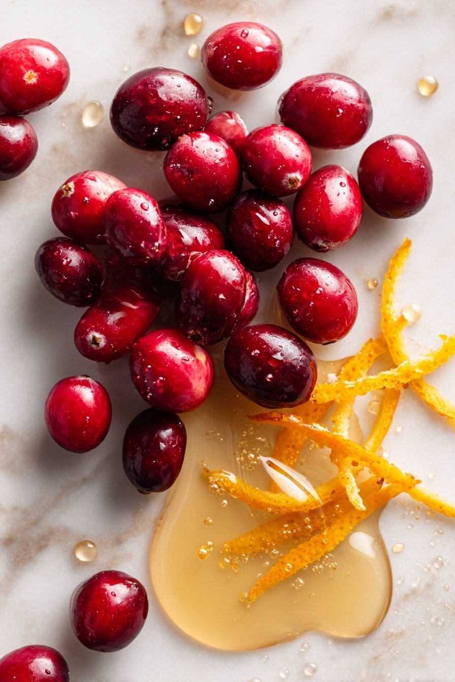 Sweet and Tangy Cranberry Sauce with Maple and Orange Zest, cranberry sauce with orange zest, homemade cranberries sauce, holiday cranberry sauce, easy cranberry sauce recipe - Flat lay of fresh, plump red cranberries clustered beside a small pile of bright orange zest strips with their textured, vibrant peel, next to a small pool of golden maple syrup glistening under soft light, alongside a few clear drops of water sparkling naturally, all arranged with casual elegance and natural spacing to highlight their rich colors and textures, placed on white marbled surface, photo taken with an iphone --ar 2:3 --v 7