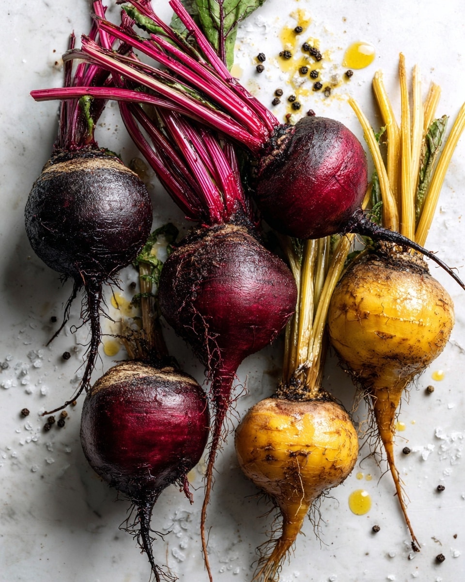 Roasted Beets with Olive Oil, Salt, and Pepper, healthy roasted beets, easy beet side dish, simple roasted beet recipe, flavorful beet preparation - Flat lay of six fresh medium beets with deep red and purple hues, their smooth skin glistening slightly from natural moisture, some with thin roots still attached, arranged naturally with a few scattered coarse sea salt crystals and whole black peppercorns nearby. Small droplets of golden extra-virgin olive oil catch the light, highlighting the rich textures and vibrant colors of the beets. The composition is simple and rustic, emphasizing freshness and earthiness, placed on white marbled surface, photo taken with an iphone --ar 2:3 --v 7