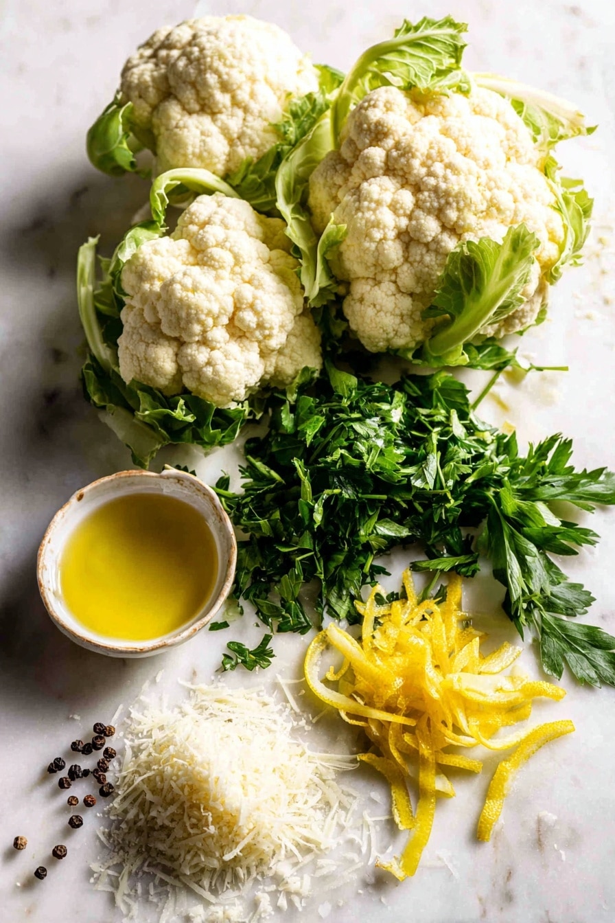 Roasted Cauliflower with Lemon, Parsley, and Parmesan, roasted cauliflower side dish, lemon herb cauliflower, healthy roasted vegetable recipe, easy cauliflower recipes - Flat lay of fresh cauliflower florets with their creamy white curds and light green leaves, bright yellow lemon zest strips, a small bunch of vibrant green chopped parsley leaves, and a small pile of finely grated pale ivory Parmesan cheese, all naturally scattered with a few whole black peppercorns and glistening drops of golden extra-virgin olive oil, placed on white marbled surface, photo taken with an iphone --ar 2:3 --v 7