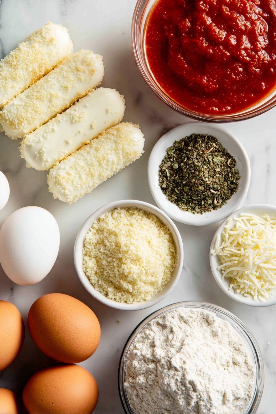 Baked Mozzarella Sticks, cheesy baked mozzarella sticks, crispy baked cheese sticks, homemade baked mozzarella snacks, healthy mozzarella sticks - Flat lay of fresh mozzarella string cheeses with smooth white texture, golden panko breadcrumbs mixed with grated parmesan cheese showing a crumbly, light yellow texture, bright red marinara sauce in a small glass bowl, whole eggs with glossy brown shells, a heap of finely ground garlic powder, dried oregano and parsley flakes with green and earthy tones, and a small pile of white all-purpose flour, all beautifully arranged with natural spacing and varied heights, placed on white marbled surface, photo taken with an iphone --ar 2:3 --v 7