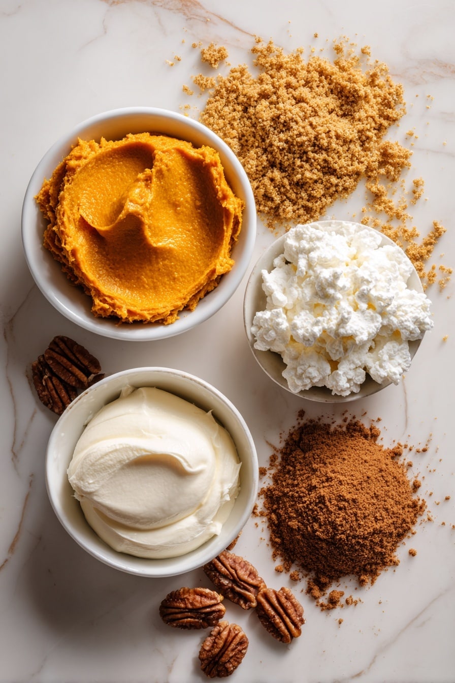 No Bake Pumpkin Lush, Pumpkin Lush dessert, No Bake fall desserts, Pumpkin layered dessert, Pumpkin cream cheese dessert - Flat lay of vibrant orange pumpkin puree dolloped next to smooth, creamy white cream cheese, golden crushed gingersnap cookie crumbs scattered around with rich brown chopped pecans, a small pile of warm brown pumpkin spice powder nestled beside a bright white mound of fluffy Cool Whip, all arranged naturally with soft shadows highlighting the different textures and colors, placed on white marbled surface, photo taken with an iphone --ar 2:3 --v 7