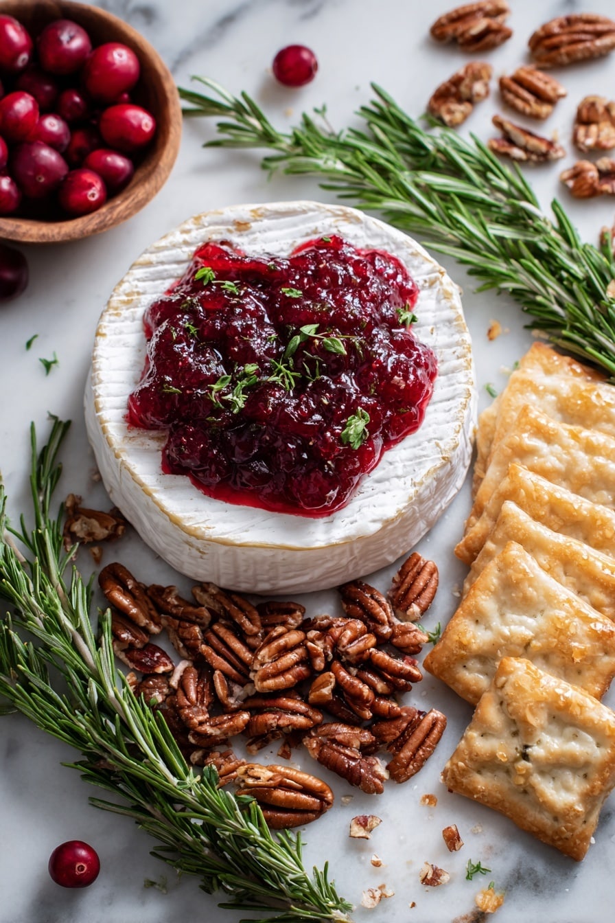 Cranberry Brie Bites without Puff Pastry, Cranberry Brie Bites, Holiday Appetizers with Cranberries and Brie, Easy Brie Bites for Parties, Puff Pastry Cranberry Brie Appetizer - Flat lay of a round wheel of creamy white Brie cheese with a smooth, slightly glossy surface, deep red homemade cranberry sauce glistening with whole cranberries, light golden puff pastry sheets with delicate flaky layers, a small pile of chopped pecans showing rich brown hues and textured ridges, fresh bright green rosemary sprigs with needle-like leaves, all arranged naturally with some crumbs and bits scattered around, placed on white marbled surface, photo taken with an iphone --ar 2:3 --v 7