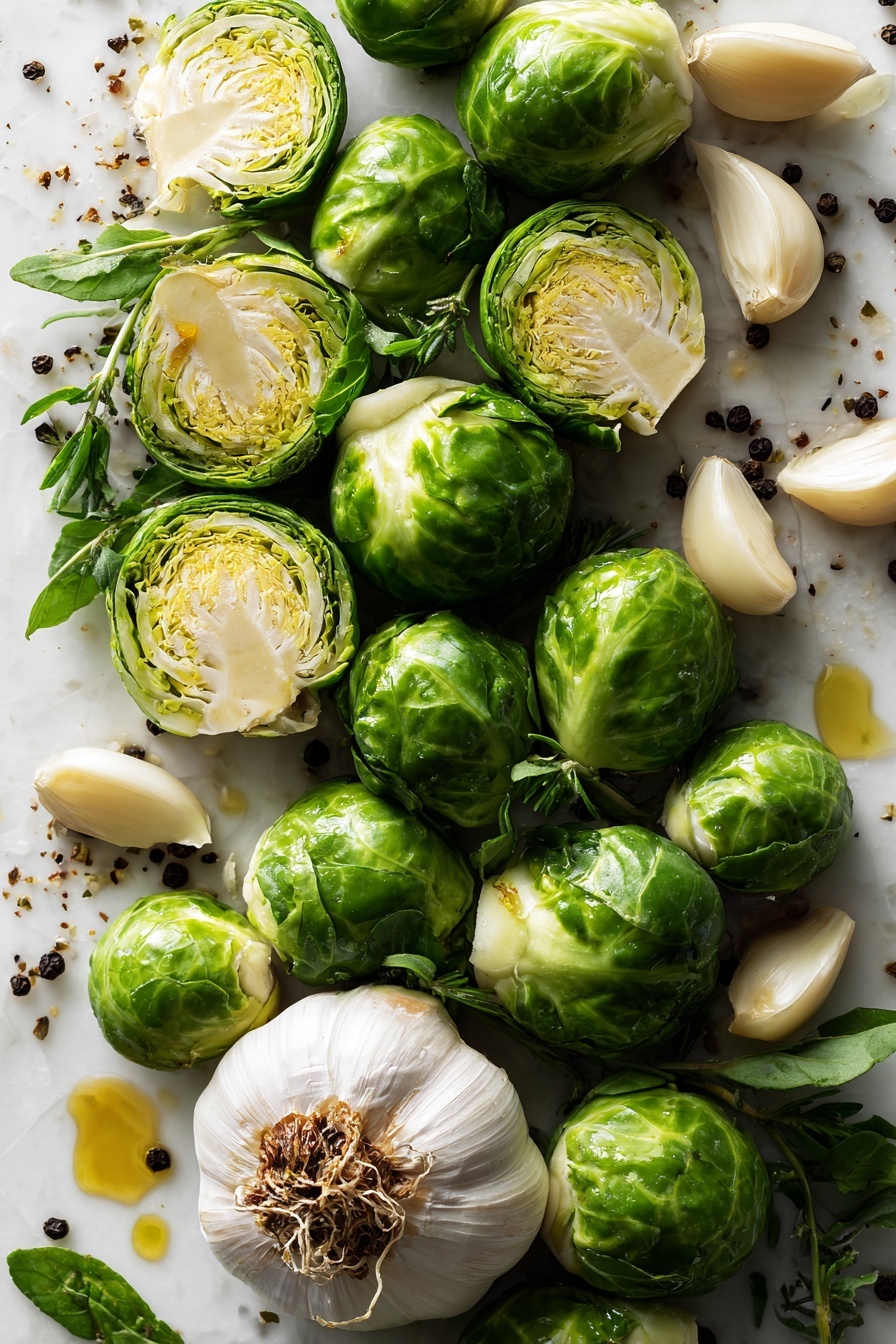 Best Roasted Brussels Sprouts, healthy roasted Brussels sprouts, easy Brussels sprouts recipe, crispy roasted Brussels sprouts, caramelized Brussels sprouts - Flat lay of fresh bright green Brussels sprouts halved to show their layered texture, several large creamy white garlic cloves with papery skins partially peeled, a small cluster of glossy dark brown balsamic vinegar droplets glistening as if freshly poured, scattered coarse black peppercorns, and a few golden amber glistening olive oil pools, all arranged naturally with fresh green Brussels sprout leaves and rough trimmed stalk ends adding organic shapes and contrast, placed on white marbled surface, photo taken with an iphone --ar 2:3 --v 7