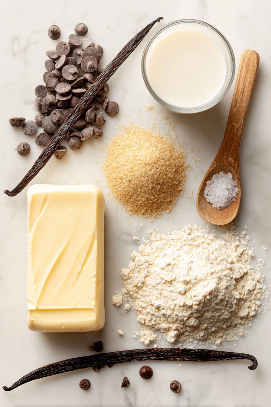 Vegan Gluten Free Chocolate Chip Cookies, gluten free vegan cookies, dairy free chocolate chip cookies, vegan cookie recipes, allergy-friendly chocolate chip cookies - Flat lay of a stick of creamy vegan butter with a smooth, pale yellow texture, a small mound of rich, golden brown sugar with fine grains sparkling softly, glossy dark brown vegan chocolate chips scattered artfully, a small glass of creamy white soy milk, a neat pile of light beige gluten free flour with a powdery texture, a wooden spoon holding a teaspoon of fine white baking soda powder, a fresh vanilla bean pod with deep brown glossy surface, and a sprinkle of coarse sea salt crystals shining subtly, all beautifully arranged with natural spacing and soft shadows, placed on white marbled surface, photo taken with an iphone --ar 2:3 --v 7