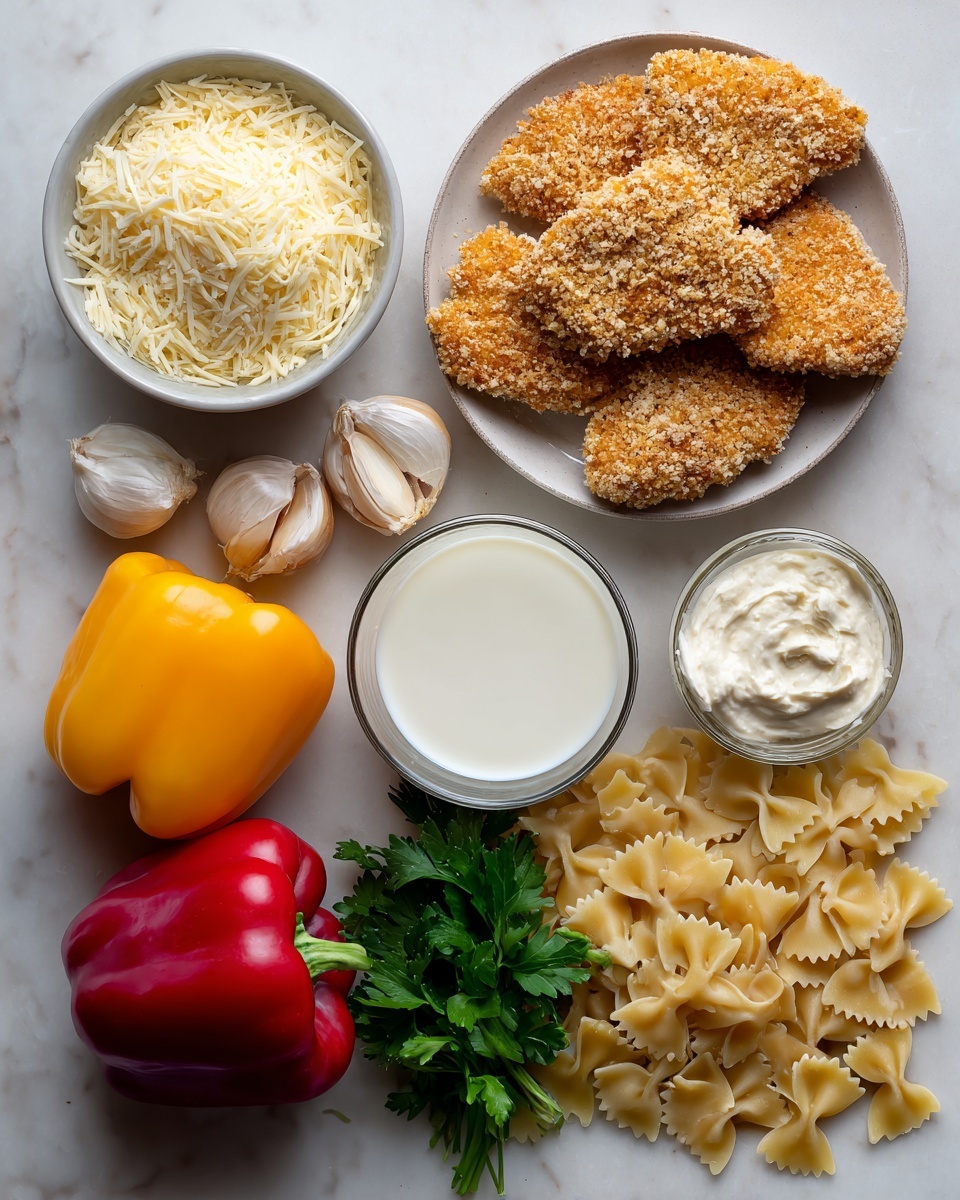 Southern Style Creamy Parmesan Chicken Pasta, Cajun chicken pasta, creamy chicken pasta recipes, easy Southern pasta dish, quick weeknight dinner ideas - Flat lay of a few golden chicken cutlets coated with panko crumbs, a small bowl filled with grated parmesan cheese, a medium yellow onion chopped into pieces, two colorful bell peppers roughly chopped, three garlic cloves peeled and finely chopped, a glass of creamy milk next to a small container of heavy cream, a dollop of cream cheese at room temperature, a bunch of fresh parsley leaves, and a handful of short cut pasta scattered artfully, all placed on a white marble surface, photo taken with an iphone --ar 2:3 --v 7