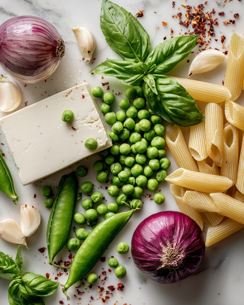Green Pea Pasta with Basil and Tofu, healthy vegan pasta, gluten-free green pea pasta, dairy-free creamy pasta, vegetarian green pea recipe - Flat lay of vibrant fresh green peas, bright green basil leaves, whole garlic cloves, a red onion quartered to show its layers, a smooth block of silken tofu, dried red pepper flakes sprinkled artistically, and a small pile of pale yellow uncooked pasta strands, all beautifully arranged in a balanced composition, placed on a white marble surface, photo taken with an iphone --ar 2:3 --v 7