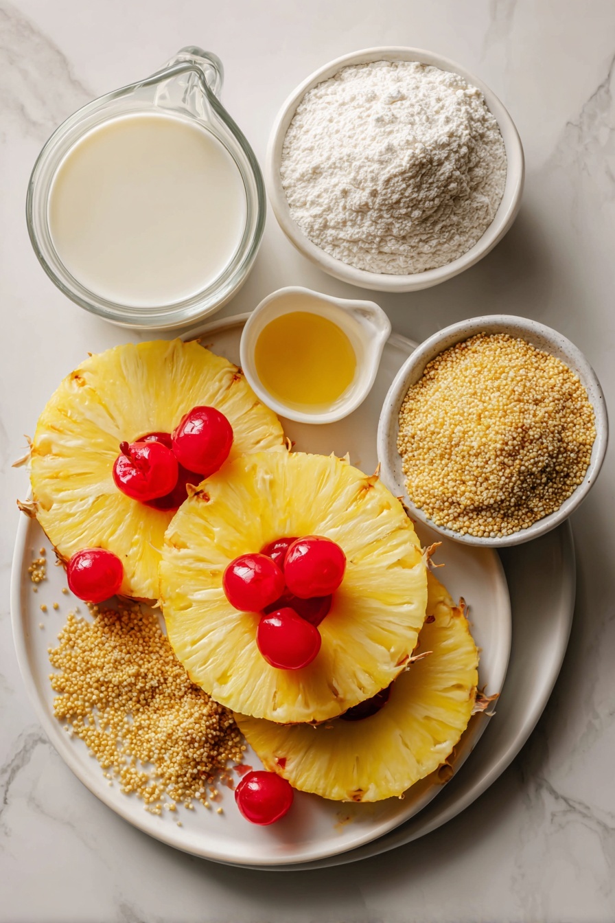 Vegan Pineapple Upside Down Cake, vegan pineapple cake, dairy-free upside down cake, tropical vegan dessert, plant-based pineapple cake - Flat lay of bright yellow pineapple slices arranged in a circle, vibrant red maraschino cherries nestled in the pineapple holes, golden brown sugar crystals sprinkled around, a small pile of golden flaxseed meal, soft off-white all-purpose flour mound, a glass jug of creamy plant-based milk, a small pool of light golden melted vegan butter, and a splash of clear vanilla extract, placed on a white marble surface, photo taken with an iphone --ar 2:3 --v 7