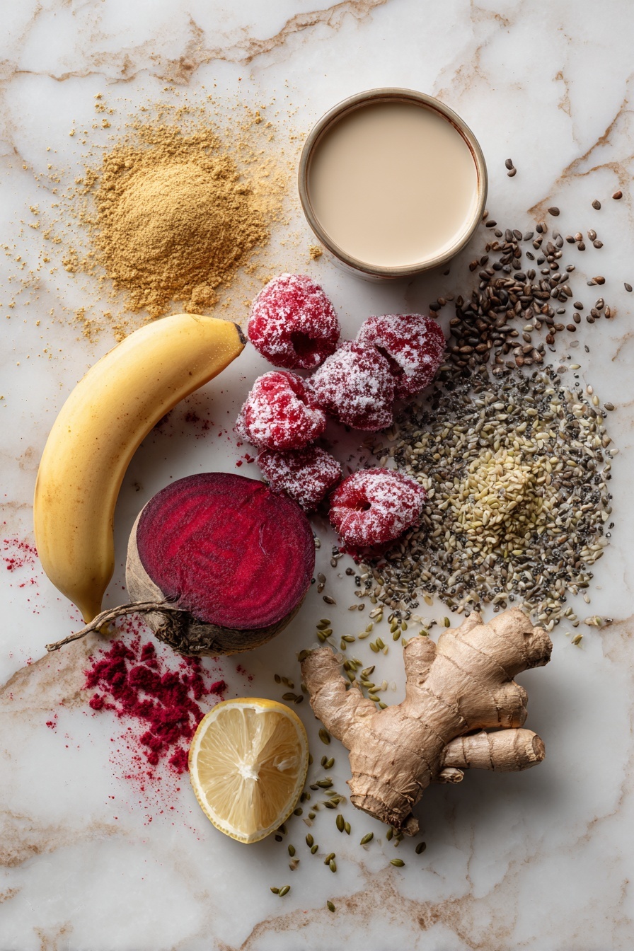 Banana Beet Smoothie, healthy beet smoothie, nutritious smoothie recipes, fruit and vegetable smoothie, easy breakfast smoothies - Flat lay of a small raw beet with its deep red skin, a peeled ripe banana, vibrant frozen raspberries covered in frost, a small pile of golden maca root powder, a sprinkle of chia seeds, a scattering of hemp seeds, a wedge of fresh lemon, and a splash of creamy non-dairy milk all beautifully arranged in a harmonious layout placed on a white marble surface, photo taken with an iphone --ar 2:3 --v 7