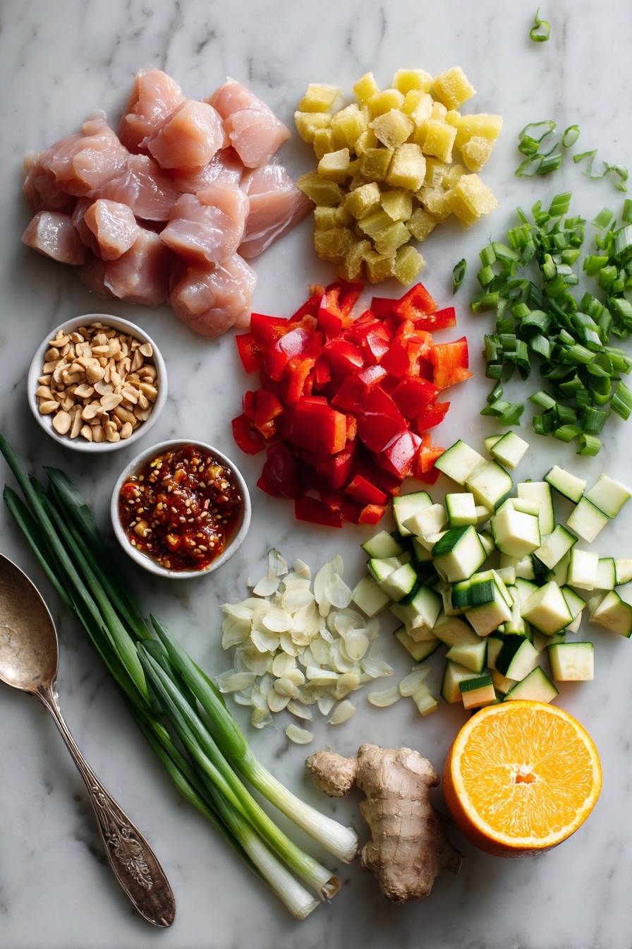 Kung Pao Chicken, Chinese stir-fry, spicy chicken recipe, homemade Chinese chicken, flavorful Asian chicken - Flat lay of cubed raw chicken breast, bright red and green bell pepper squares, sliced zucchini pieces, chopped white onion, peeled garlic cloves, fresh grated ginger, whole orange with a wedge showing vibrant orange flesh, a small pile of roasted salted peanuts, and a spoonful of glossy chili crisp sauce, all beautifully arranged with fresh green onion slices and a sprinkle of white sesame seeds placed on a white marble surface, photo taken with an iphone --ar 2:3 --v 7