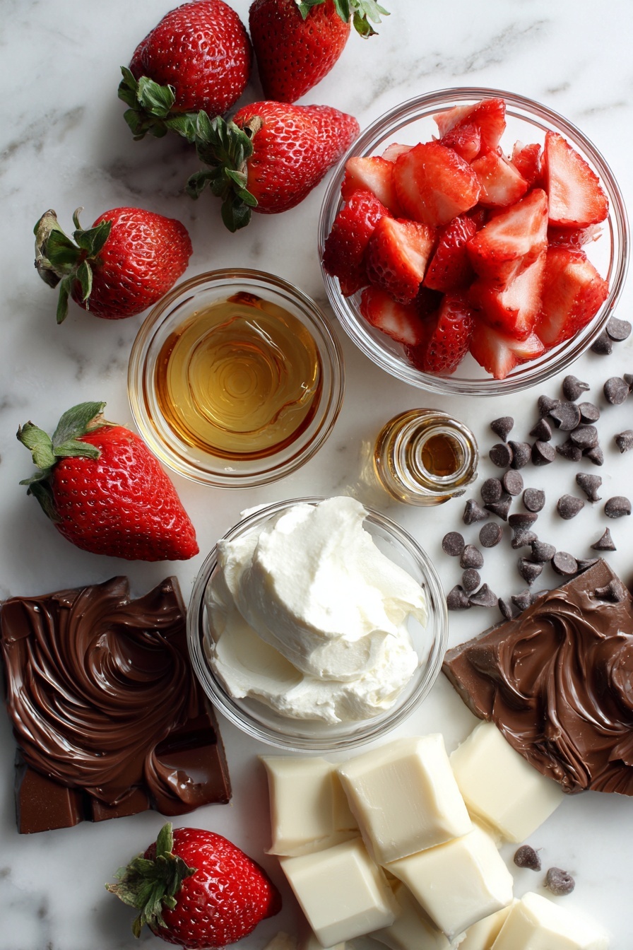 Chocolate Strawberry Yogurt Clusters, healthy strawberry yogurt bites, quick chocolate yogurt snacks, easy fruit and chocolate treats, no-bake yogurt dessert - Flat lay of bright red chopped strawberries, creamy white plain Greek yogurt dollops, smooth golden honey drizzles, small glass vial of vanilla extract, glossy semi-sweet chocolate chips scattered, rich melted chocolate swirl, and smooth chunks of translucent coconut oil, all beautifully arranged on a white marble surface, photo taken with an iphone --ar 2:3 --v 7