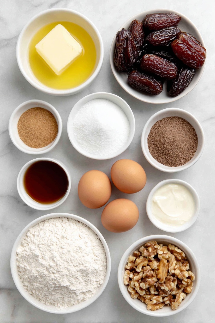 Sticky Toffee Pudding with Warm Toffee Sauce, British dessert recipes, moist date pudding, classic toffee dessert, indulgent dessert recipes - Flat lay of pitted medjool dates, a small white bowl of boiling water, a pat of room temperature butter, a small white bowl of light brown sugar, a small white bowl of molasses, two large whole clean eggs, a small white bowl of all-purpose flour, a small white bowl of baking powder, a small white bowl of baking soda, a small white bowl of salt, a small white bowl of heavy whipping cream, a small white bowl of chopped walnuts, all arranged symmetrically with perfect proportions on a clean white marble surface, soft natural light, photo taken with an iPhone, professional food photography style, fresh ingredients, white ceramic bowls, no bottles, no duplicates, no utensils, no packaging --ar 2:3 --v 7 --p awthu7i m7354615311229779997