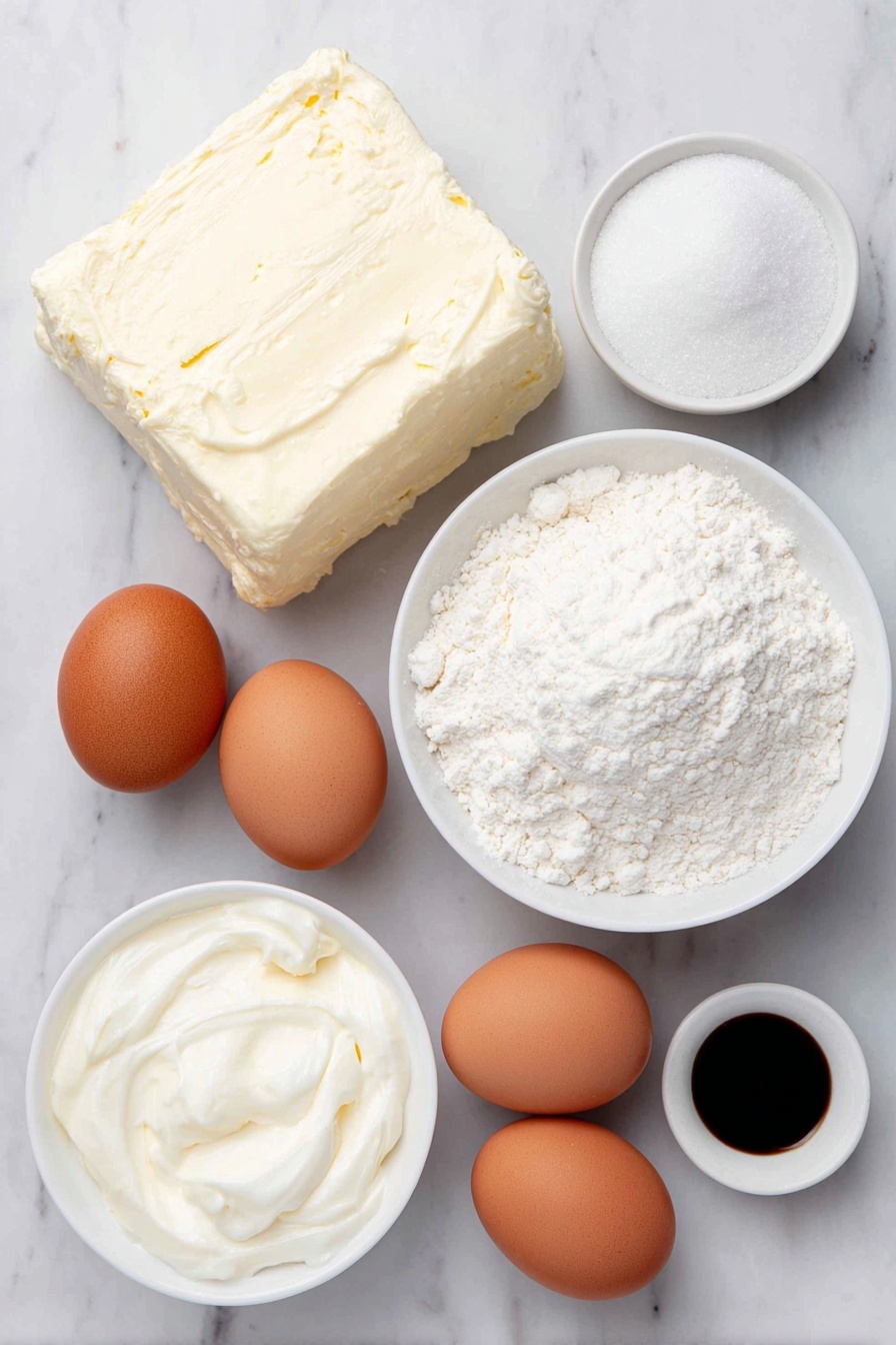 Loaf Pan Basque Cheesecake, Basque cheesecake without springform pan, rustic cheesecake recipe, easy cheesecake baking, caramelized cheesecake ideas - Flat lay of a large block of fresh cream cheese with smooth texture, a small mound of granulated sugar, four large whole brown eggs with clean shells, a small white ceramic bowl filled with thick heavy cream, a small white ceramic bowl containing pure vanilla extract, a small pinch of fine salt crystals, and a small white ceramic bowl of sifted all-purpose flour, all arranged symmetrically and naturally on a clean white marble surface, soft natural light, photo taken with an iPhone, professional food photography style, fresh ingredients, white ceramic bowls, no bottles, no duplicates, no utensils, no packaging --ar 2:3 --v 7 --p awthu7i m7354615311229779997