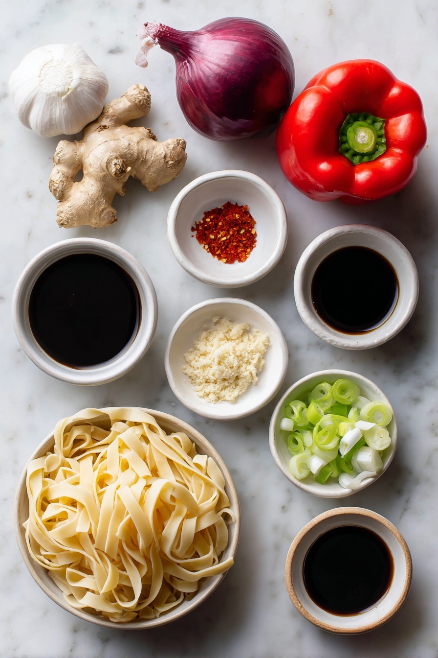Spicy Chili Garlic Noodles, chili garlic noodle dish, spicy noodle recipe, quick Asian noodles, flavorful chili garlic stir-fry - Flat lay of wide rice noodles loosely coiled, a few whole shallots with purplish skins, several uncracked brown garlic cloves, a small bunch of white parts of scallions neatly chopped, a piece of fresh ginger root with skin and a small pile of freshly grated ginger, small white ceramic bowls containing olive oil, low sodium soy sauce, chili garlic sauce, sriracha, rice vinegar, toasted sesame oil, a small heap of brown sugar, a tiny pile of red pepper flakes, and a fresh whole red bell pepper halved to show interior seeds, all arranged with perfect symmetry on a clean white marble surface, soft natural light, photo taken with an iPhone, professional food photography style, fresh ingredients, white ceramic bowls, no bottles, no duplicates, no utensils, no packaging --ar 2:3 --v 7 --p awthu7i m7354615311229779997