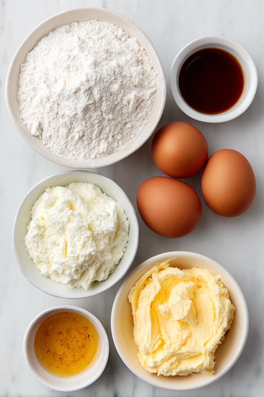 Keto Protein Crepes, low-carb high-protein breakfast, keto-friendly crepes, gluten-free protein pancakes, easy keto breakfast ideas - Flat lay of two whole brown eggs with clean shells, a small white ceramic bowl of white whey protein powder, a small white ceramic bowl of vanilla extract, a small white ceramic bowl of powdered sweetener, a small white ceramic bowl with melted golden butter, placed on a clean white marble surface, soft natural light, photo taken with an iPhone, professional food photography style, fresh ingredients, white ceramic bowls, no bottles, no duplicates, no utensils, no packaging --ar 2:3 --v 7 --p awthu7i m7354615311229779997