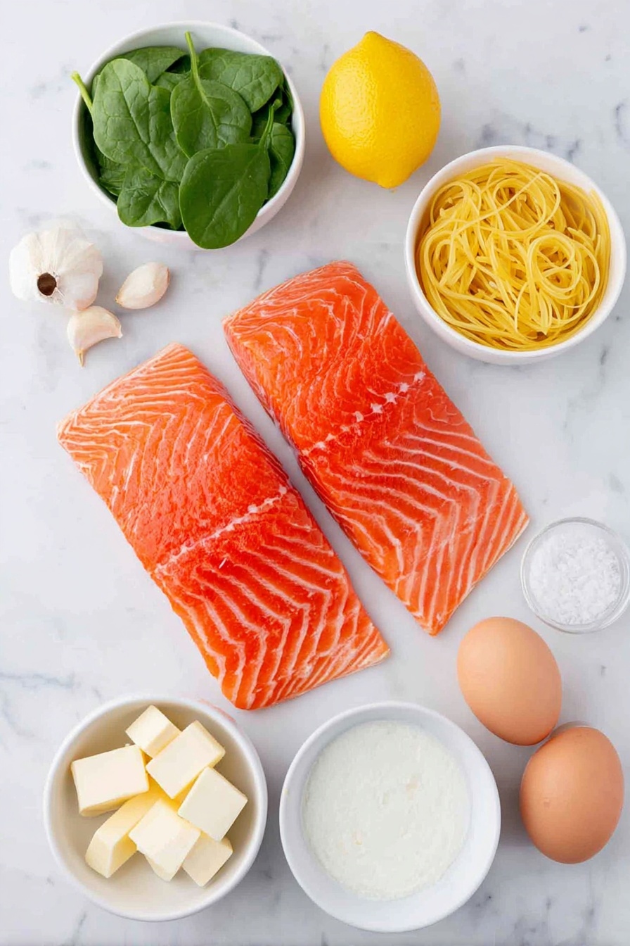 Creamy Salmon Pasta, creamy salmon pasta recipe, easy salmon pasta, salmon pasta with lemon and capers, luxurious seafood pasta - Flat lay of two fresh pink salmon fillets with skin visible, a small pile of green baby spinach leaves, several bright yellow lemon wedges, three whole garlic cloves with papery skins intact, a small heap of capers, a few sprigs of fresh lemon zest strands, a small mound of uncooked pale golden linguine pasta, a simple white ceramic bowl filled with smooth heavy cream, another small white bowl containing clear dry white wine, a small white bowl with unsalted butter cubes, two whole uncracked brown eggs, all arranged symmetrically on a clean white marble surface, soft natural light, photo taken with an iPhone, professional food photography style, fresh ingredients, white ceramic bowls, no bottles, no duplicates, no utensils, no packaging --ar 2:3 --v 7 --p awthu7i m7354615311229779997