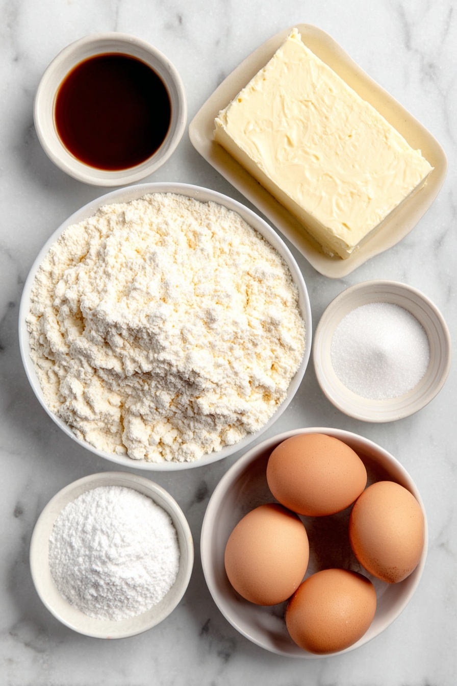 Ooey Gooey Cream Cheese Cake, easy cream cheese cake recipe, decadent cream cheese dessert, how to make gooey cream cheese cake, best cream cheese cake for gatherings - Flat lay of a small pile of bright yellow cake mix powder, two whole brown eggs with clean shells, a small white bowl of melted golden butter, a small white bowl of clear vanilla extract, a block of fresh cream cheese with a smooth surface, another two whole brown eggs with clean shells, a small white bowl of confectioners sugar, all arranged with perfect symmetry and natural colors, placed on a clean white marble surface, soft natural light, photo taken with an iPhone, professional food photography style, fresh ingredients, white ceramic bowls, no bottles, no duplicates, no utensils, no packaging --ar 2:3 --v 7 --p awthu7i m7354615311229779997