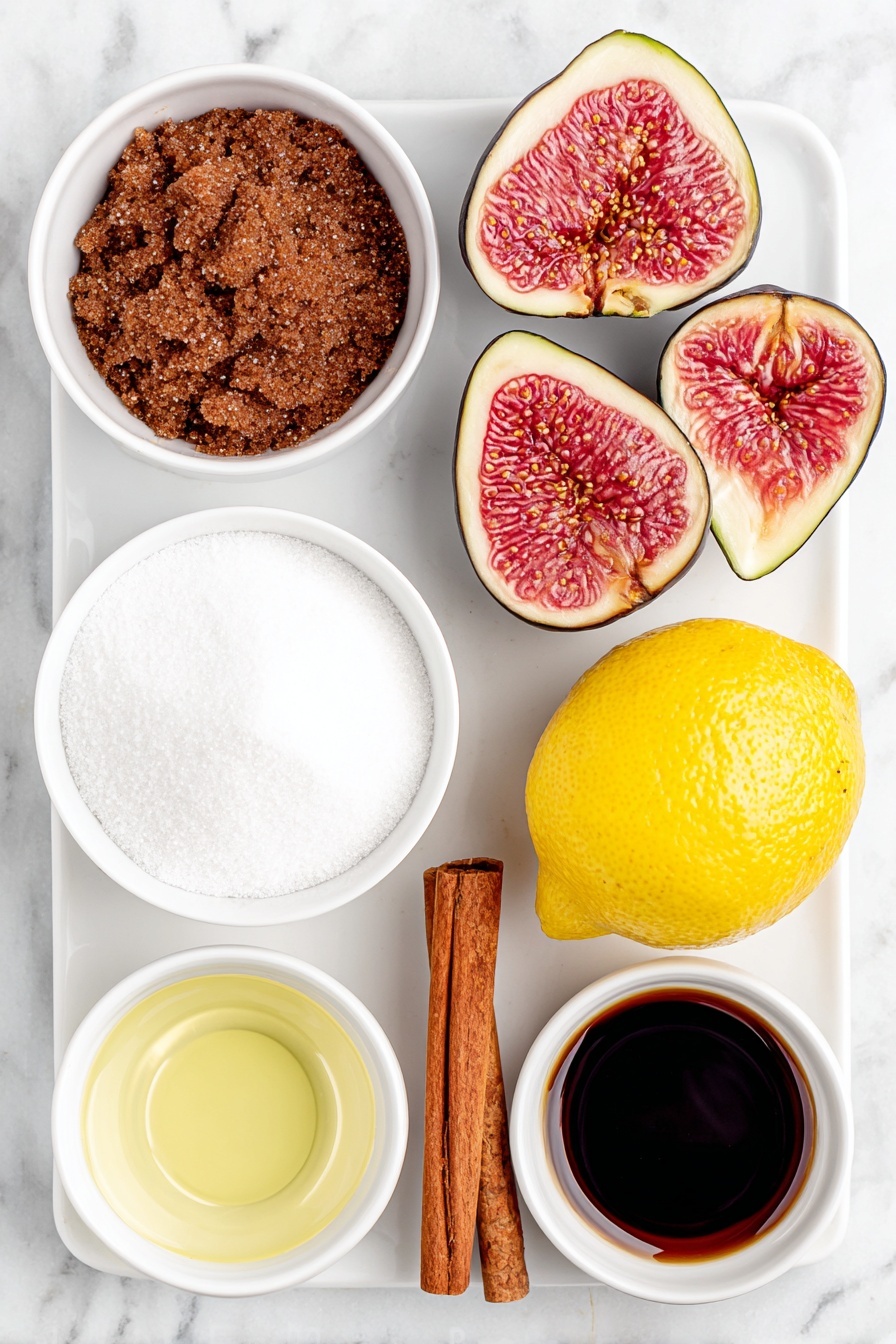 Easy Fig Chutney, fig chutney recipe, homemade fig chutney, sweet and tangy chutney, quick fruit chutney - Flat lay of fresh whole figs halved showing deep purple skin and pink flesh, a small white ceramic bowl filled with dark brown soft packed brown sugar, a small white ceramic bowl of clear water, a small white ceramic bowl of dark glossy balsamic vinegar, a small white ceramic bowl with fresh bright yellow lemon juice, and a single cinnamon stick with reddish brown bark placed next to a small pile of ground cinnamon powder on a simple white ceramic plate, all ingredients arranged in perfect symmetry, placed on a clean white marble surface, soft natural light, photo taken with an iPhone, professional food photography style, fresh ingredients, white ceramic bowls, no bottles, no duplicates, no utensils, no packaging --ar 2:3 --v 7 --p awthu7i m7354615311229779997