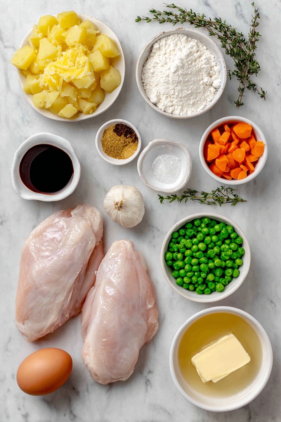 Easy Chicken Pot Pie with Puff Pastry, chicken pot pie filling, flaky puff pastry dinner, comforting chicken pie, quick chicken pot pie - Flat lay of two small boneless skinless chicken breasts, a small yellow onion diced, two ribs celery diced, a cup of diced carrots, three whole uncracked garlic cloves, a few sprigs of fresh thyme and rosemary, a small white ceramic bowl with dried mustard powder, another small white ceramic bowl with onion powder, a small white ceramic bowl with soy sauce, a small white ceramic bowl with all-purpose flour, a small white ceramic bowl with half and half, a single Yukon gold potato cut into chunks, a small white ceramic bowl with frozen green peas, a whole uncracked brown egg, a small white ceramic bowl with milk, four tablespoons of butter placed as small pats, and a small white ceramic bowl filled with chicken broth, all arranged symmetrically on a clean white marble surface, soft natural light, photo taken with an iPhone, professional food photography style, fresh ingredients, white ceramic bowls, no bottles, no duplicates, no utensils, no packaging --ar 2:3 --v 7 --p awthu7i m7354615311229779997