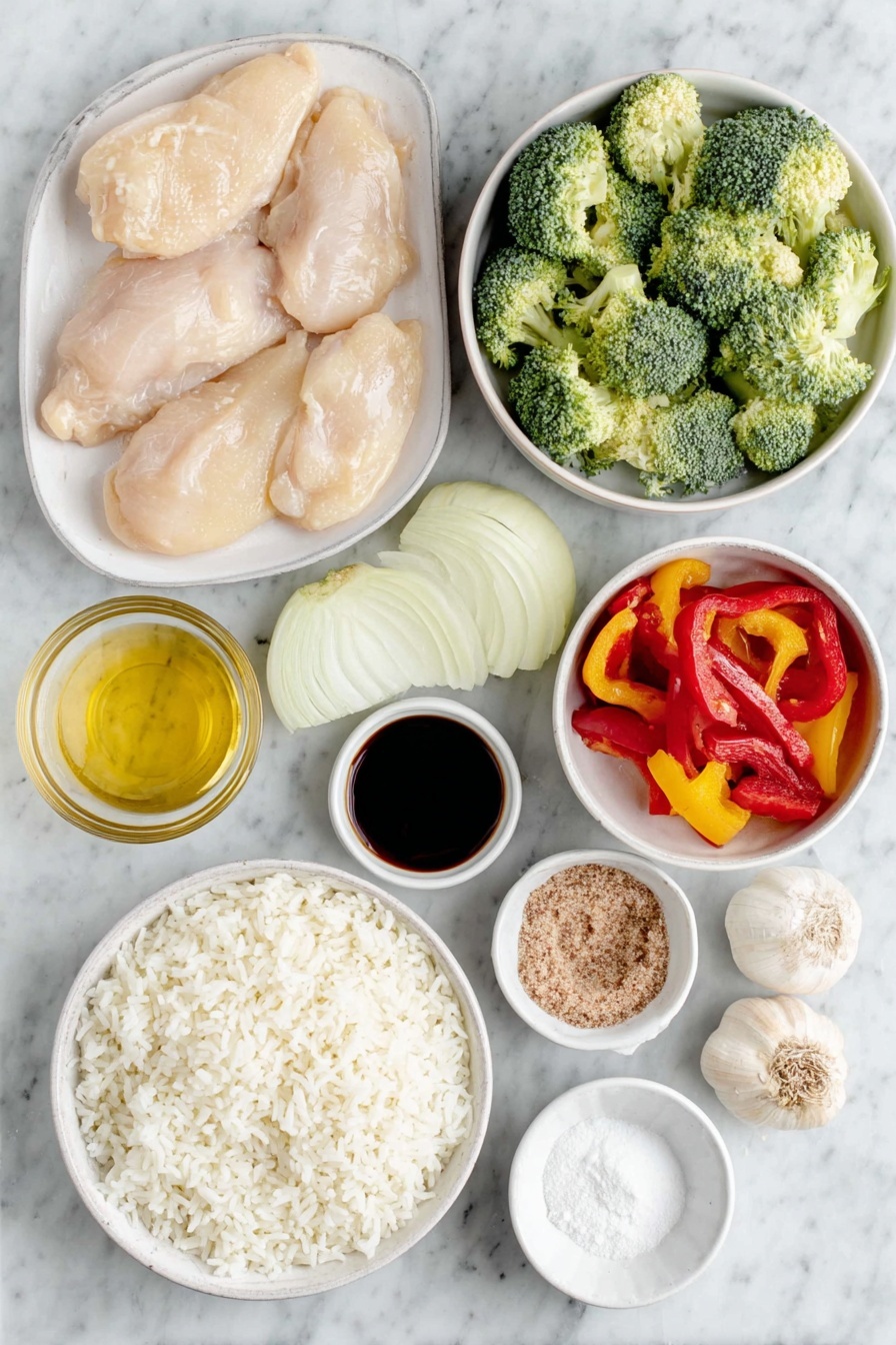 Chicken Broccoli Stir Fry, healthy chicken stir fry, quick stir fry recipes, easy chicken dinner, vegetable stir fry recipes - Flat lay of fresh boneless skinless chicken breasts, bright green broccoli florets, a sliced yellow onion, a sliced red bell pepper, two whole brown garlic cloves, a small white ceramic bowl of light golden peanut oil, a small white ceramic bowl of dark soy sauce, a small white ceramic bowl of packed brown sugar crystals, a small white ceramic bowl of clear golden honey, a small white ceramic bowl of pale cornstarch powder, a small white ceramic bowl of cold water, and a small white ceramic bowl of amber chicken broth, three cups of fluffy cooked white long grain rice arranged neatly on a simple white ceramic plate, all ingredients fresh and natural, perfectly balanced and symmetrical composition, placed on a clean white marble surface, soft natural light, photo taken with an iPhone, professional food photography style, fresh ingredients, white ceramic bowls, no bottles, no duplicates, no utensils, no packaging --ar 2:3 --v 7 --p awthu7i m7354615311229779997