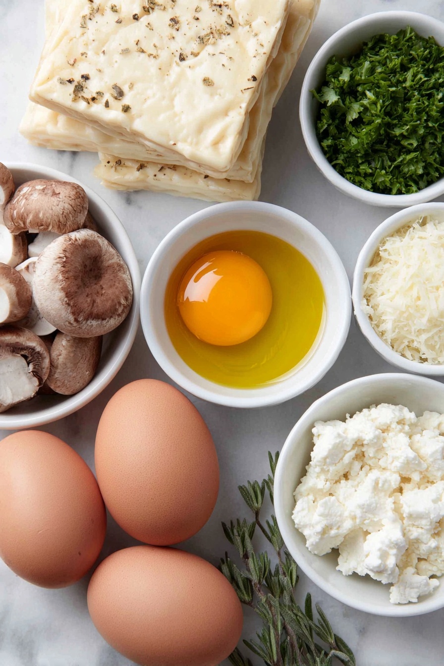 Mushroom and Goat Cheese Puff Pastry Tarts, savory mushroom tartlets, easy appetizer recipes, quick vegetarian starters, elegant puff pastry appetizers - Flat lay of fresh whole uncracked brown egg, a stack of ten square 4x4 inch puff pastry sheets, a small pile of sliced brown and white mushrooms, a finely chopped shallot, three peeled garlic cloves, a small bunch of roughly chopped bright green parsley leaves, a small white ceramic bowl of golden olive oil, a small white ceramic bowl with grated pale parmesan cheese, a small white ceramic bowl with soft crumbly white goat cheese, and a small white ceramic bowl of pale translucent white wine, along with small sprigs of fresh sage, thyme, and rosemary arranged symmetrically, all placed on a clean white marble surface, soft natural light, photo taken with an iPhone, professional food photography style, fresh ingredients, white ceramic bowls, no bottles, no duplicates, no utensils, no packaging --ar 2:3 --v 7 --p m7354615311229779997