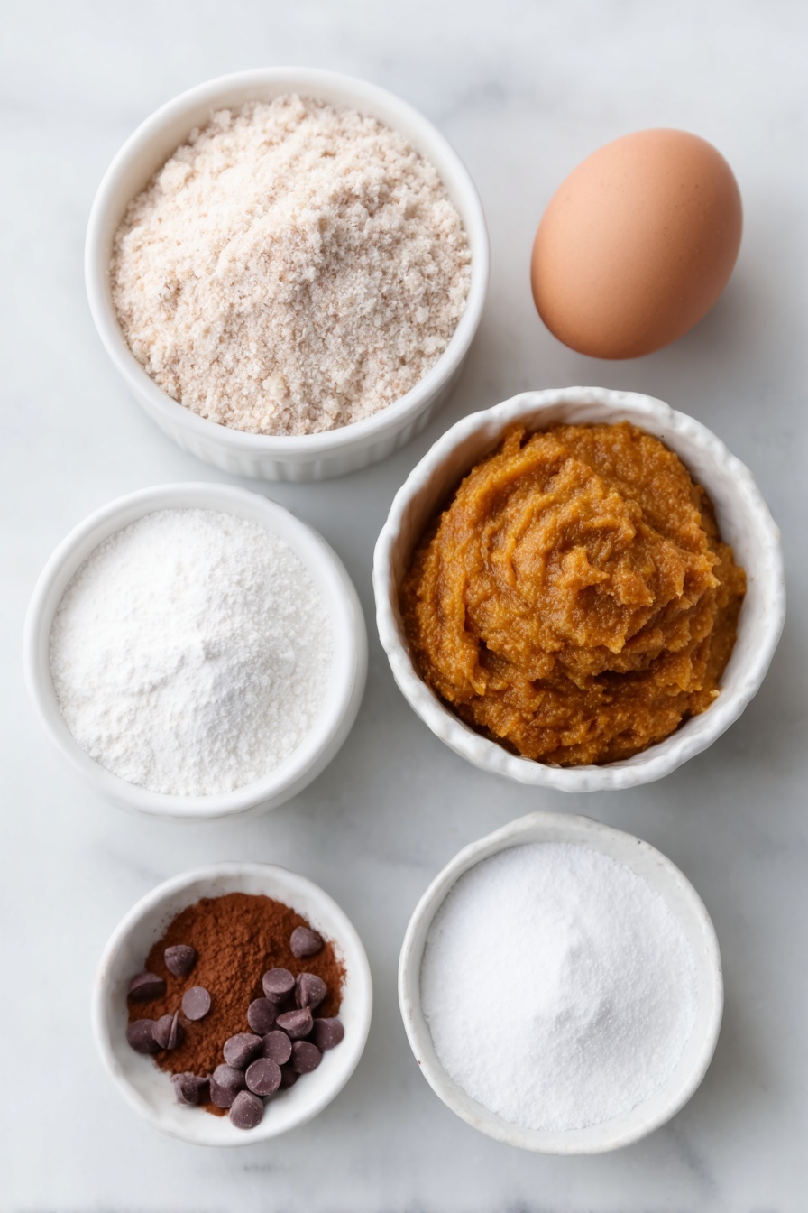 Flourless Pumpkin Muffins, pumpkin muffins without flour, healthy pumpkin muffin recipe, quick pumpkin muffin ideas, moist pumpkin muffin recipe - Flat lay of a small mound of light brown almond meal, a neat pile of white granulated sugar crystals, a small heap of fine pale baking powder, a tiny pinch of coarse sea salt flakes, a small pile of cinnamon powder with warm brown tones, a simple white ceramic bowl filled with vibrant orange pumpkin puree, a single whole uncracked brown egg with a smooth shell, and a small handful of glossy mini dark chocolate chips scattered gently nearby, all arranged in perfect symmetry on a clean white ceramic plate and bowls, placed on a clean white marble surface, soft natural light, photo taken with an iPhone, professional food photography style, fresh ingredients, white ceramic bowls, no bottles, no duplicates, no utensils, no packaging --ar 2:3 --v 7 --p m7354615311229779997
