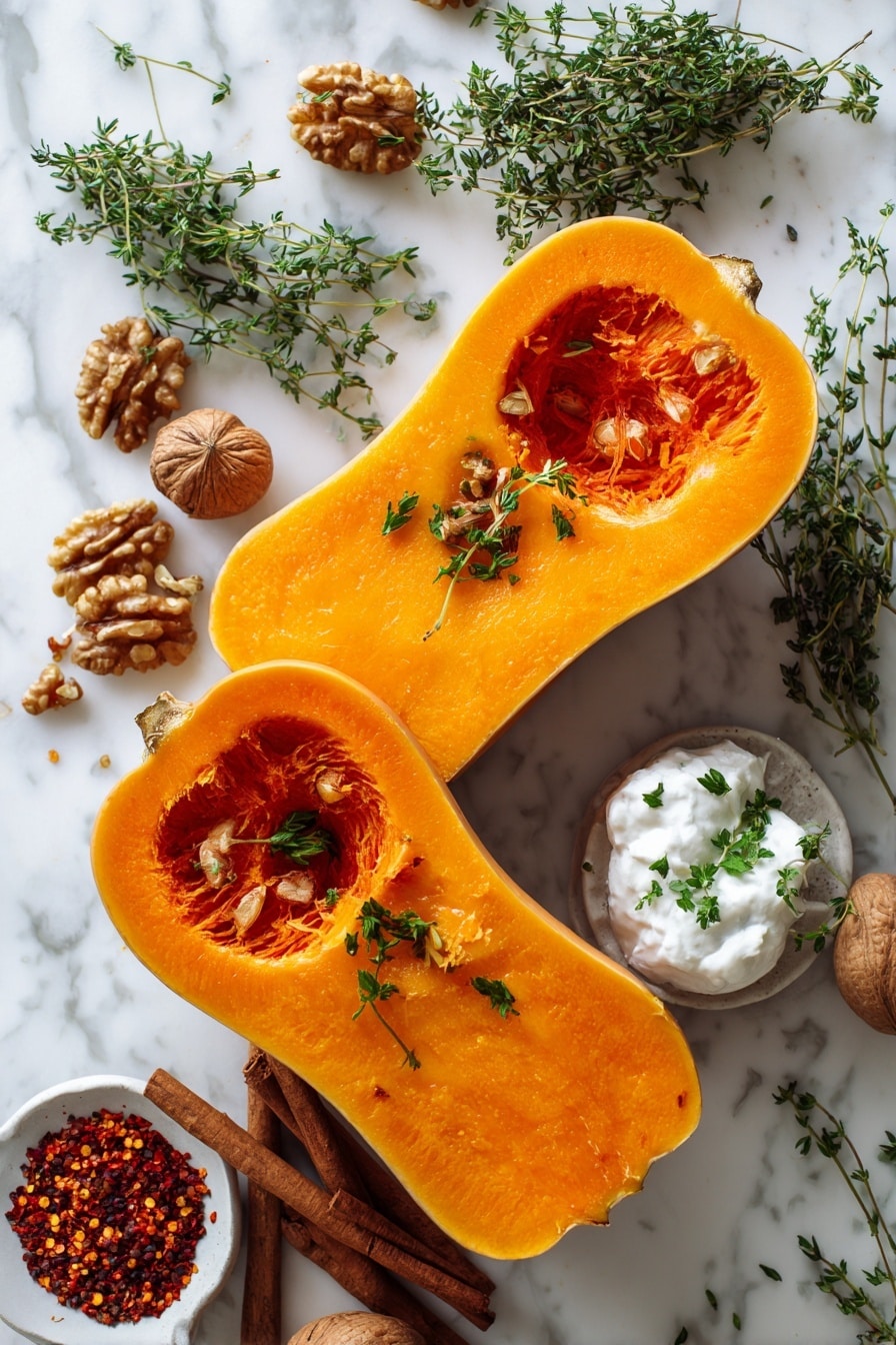 Roasted Honeynut Squash with Whipped Ricotta and Toasted Walnuts, Honeynut Squash recipes, Fall vegetable dinner ideas, Cozy roasted squash dishes, Easy squash side recipes - Flat lay of vibrant orange honeynut squash halves with smooth skins and deep orange flesh, fresh green thyme sprigs scattered delicately, bright green chopped parsley leaves adding contrast, warm brown toasted walnut pieces with rough texture, creamy white whipped ricotta dollops, a small heap of red pepper flakes with a fiery red hue, and a few cinnamon sticks with rich brown tones arranged naturally, all colors vivid and fresh, placed on white marbled surface, photo taken with an iphone --ar 2:3 --v 7