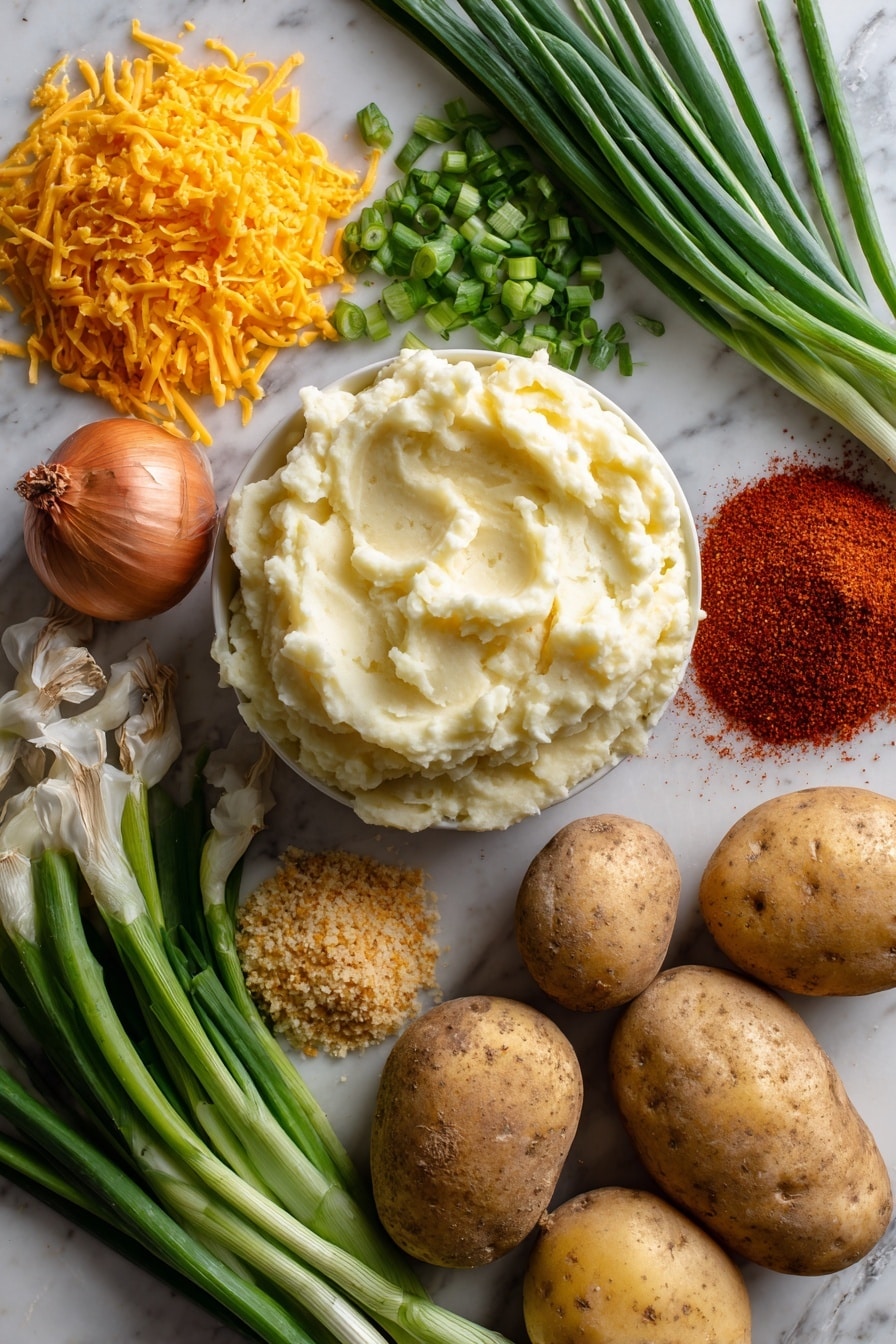 Crispy Mashed Potato Balls with Cheddar and Green Onions, mashed potato balls, cheesy potato appetizers, crispy potato bites, savory snack ideas - Flat lay of creamy mashed potatoes with a smooth, fluffy texture next to bright orange shredded cheddar cheese, finely chopped vibrant green onions scattered lightly nearby, warm golden panko breadcrumbs with a crispy texture piled gently, small heaps of red paprika powder and earthy garlic powder with a fine, soft grain, whole fresh potatoes with their rustic skin, and fresh green onion stalks with bright white bulbs, all naturally arranged to showcase a mix of soft, powdery, and crunchy textures, placed on white marbled surface, photo taken with an iphone --ar 2:3 --v 7