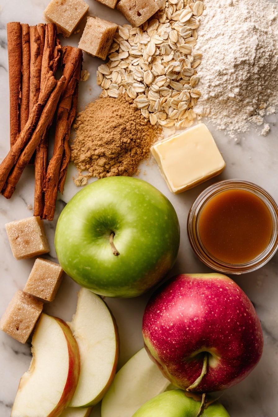 Salted Caramel Apple Pie Bars, apple pie bars recipe, salted caramel dessert, apple dessert bars, easy fall dessert - Flat lay of two whole apples, one bright green Granny Smith and one rosy pink Lady apple, thinly sliced apple wedges showing their crisp white flesh, golden rolled oats scattered loosely, soft mounds of light and dark brown sugar crystals, warm cinnamon sticks with a reddish-brown hue, small piles of pale beige all-purpose flour, cold cubes of creamy unsalted butter with smooth edges, and a small jar of rich, glossy salted caramel sauce with a deep amber color, all beautifully arranged in a natural, slightly overlapping pattern with varied textures and colors, placed on white marbled surface, photo taken with an iphone --ar 2:3 --v 7