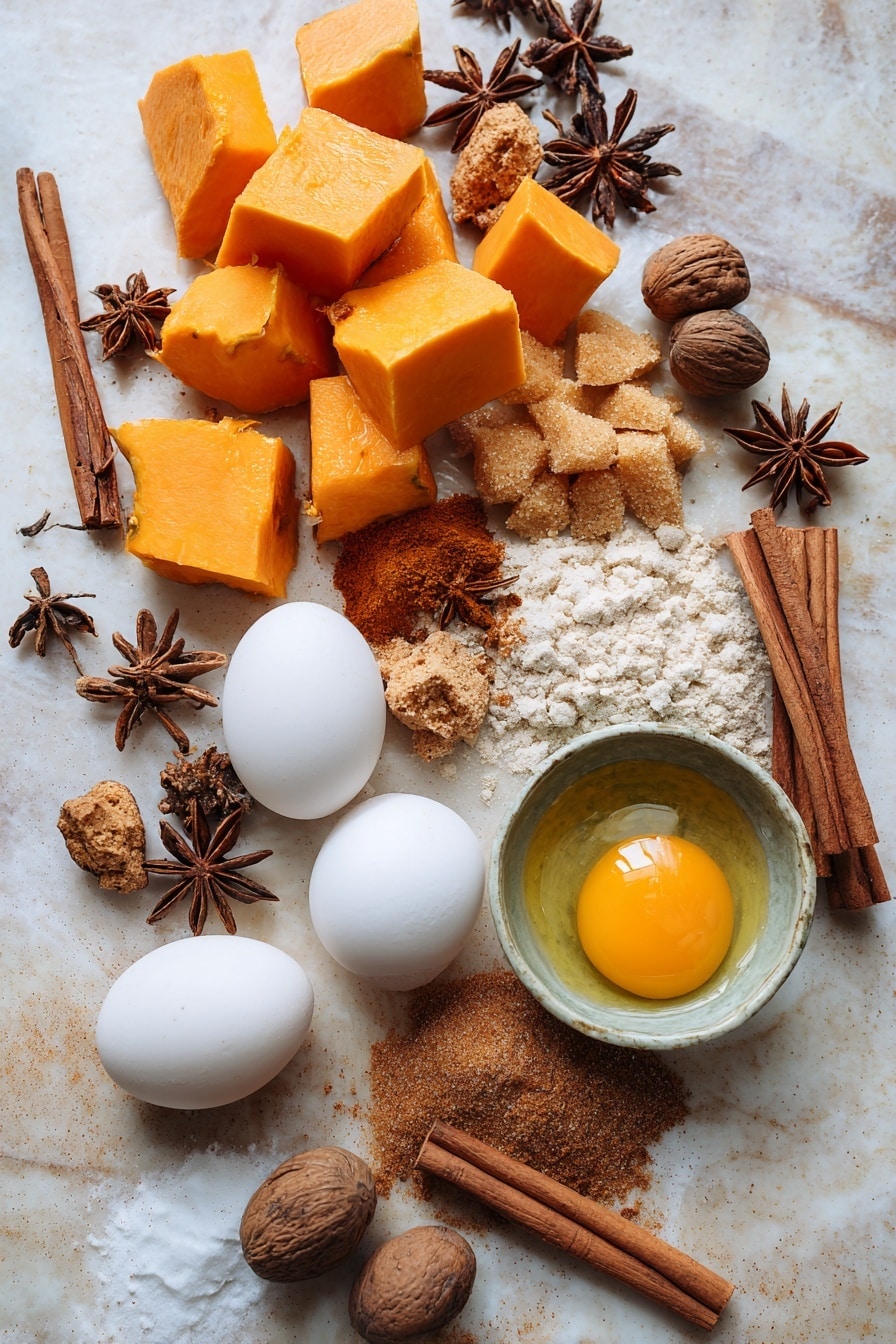 Pumpkin Crumb Cake Muffins, fall muffin recipes, pumpkin spice muffins, easy pumpkin muffins, moist pumpkin breakfast muffins - Flat lay of bright orange fresh pumpkin chunks, a handful of golden brown and light brown sugar piles, warm cinnamon sticks, whole nutmeg and star anise pods scattered naturally, creamy white eggs with smooth shells, rich golden melted butter in a small pool, and a sprinkle of mixed ground spices with shades of brown and beige, all beautifully arranged with rustic textures and warm tones, placed on white marbled surface, photo taken with an iphone --ar 2:3 --v 7