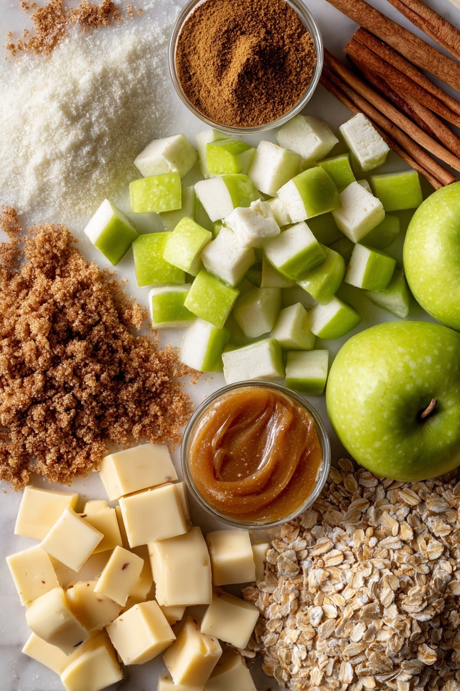 Caramel Apple Cheesecake Bars, caramel apple dessert, fall cheesecake bars, easy apple dessert, caramel streusel bars - Flat lay of bright green Granny Smith apples finely chopped with bits of skin showing, creamy white blocks of cream cheese softened and smooth, golden light brown sugar crystals sparkling, warm brown cinnamon sticks and ground cinnamon powder with a soft texture, nutmeg seeds with a rough brown surface, pale yellow cubes of soft butter, clusters of rustic light brown quick oats, rich amber caramel drizzle glistening with a sticky sheen, all naturally arranged in a balanced and inviting way, placed on white marbled surface, photo taken with an iphone --ar 2:3 --v 7