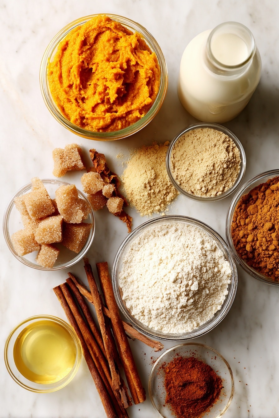 Pumpkin Coffee Cake with Streusel Topping and Optional Glaze, fall coffee cake recipes, pumpkin dessert ideas, cozy pumpkin breakfast, quick pumpkin coffee cake - Flat lay of vibrant orange pumpkin purée in a glass jar, a small pile of rich brown sugar with coarse texture, a heap of golden brown all purpose flour, warm cinnamon sticks alongside ground cinnamon powder, a scattering of pumpkin pie spice with its earthy brown hue, a small bottle of clear vanilla extract, creamy white soy milk in a glass container, and a smooth pool of golden avocado oil, all beautifully arranged with gentle overlapping and varied heights to add depth, placed on white marbled surface, photo taken with an iphone --ar 2:3 --v 7
