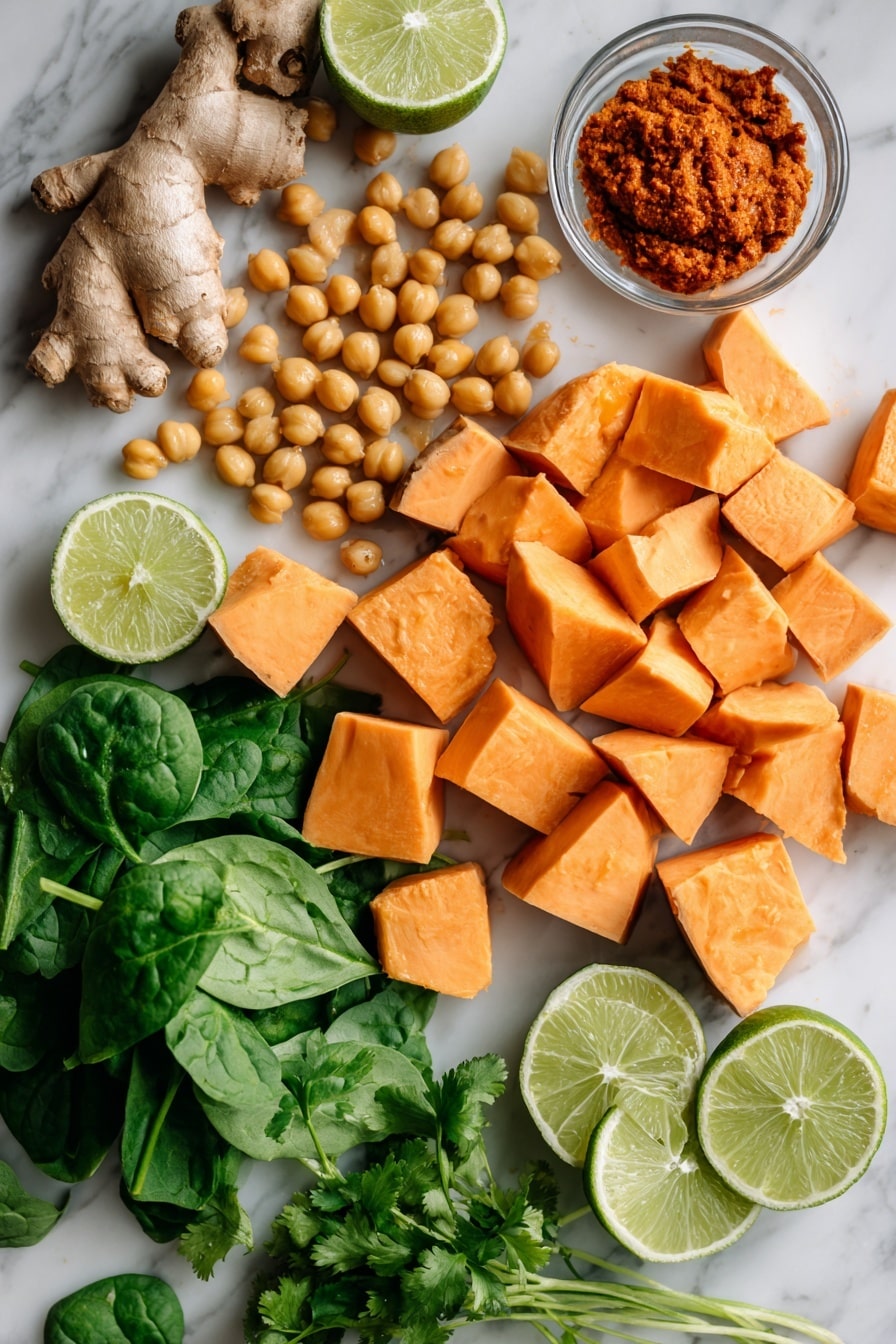 Sweet Potato Curry with Chickpeas, vegan sweet potato curry, healthy chickpea curry, easy vegetarian curry, comforting plant-based meal - Flat lay of bright orange sweet potato chunks with smooth skin, golden chickpeas with a slightly rough texture, fresh green baby spinach leaves full of veins, vibrant red curry paste in a small heap showing its thick, glossy texture, minced pale yellow garlic cloves, thin slices of light beige fresh ginger root with fibrous edges, fresh lime halves showing juicy bright green flesh, and a small bunch of fresh cilantro with delicate green leaves and thin stems, all naturally arranged with slight overlapping and spacing to create a balanced composition, placed on white marbled surface, photo taken with an iphone --ar 2:3 --v 7