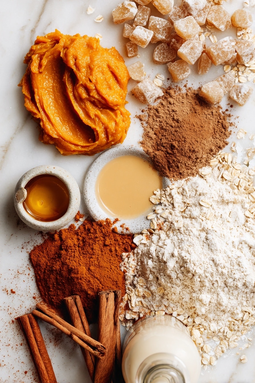 Vegan Pumpkin Donuts with Cinnamon Maple Glaze, vegan fall donuts, pumpkin spice vegan donuts, homemade vegan pumpkin donuts, plant-based pumpkin breakfast treats - Flat lay of vibrant orange pumpkin puree in a smooth dollop, rustic light brown sugar crystals piled beside it, golden melted vegan butter in a small pool with shiny texture, warm brown cinnamon sticks scattered casually, a heap of bright beige oat milk in a soft splash, creamy white vanilla extract bottle with subtle shine, a neat bundle of aromatic ground pumpkin pie spice powder showing rusty brown and reddish hues, and coarse off-white all-purpose flour gently mounded, all beautifully arranged with natural spacing and light shadows, placed on white marbled surface, photo taken with an iphone --ar 2:3 --v 7