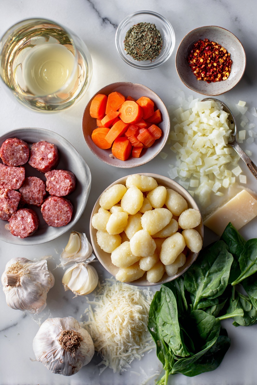 Creamy Italian Sausage Gnocchi Soup, Italian sausage gnocchi recipes, comforting gnocchi soups, easy sausage soups, hearty Italian soup recipes - Flat lay of a few chunks of Italian sausage, a medium diced onion, a medium diced carrot, two diced celery sticks, two large garlic cloves, a small bowl of Italian seasoning, a small dish of red chili flakes, a glass with a splash of white wine, a ladle of creamy chicken stock, a pile of gnocchi, a handful of fresh baby spinach leaves, and a small mound of freshly grated Parmesan cheese placed on a white marble surface, photo taken with an iphone --ar 2:3 --v 7