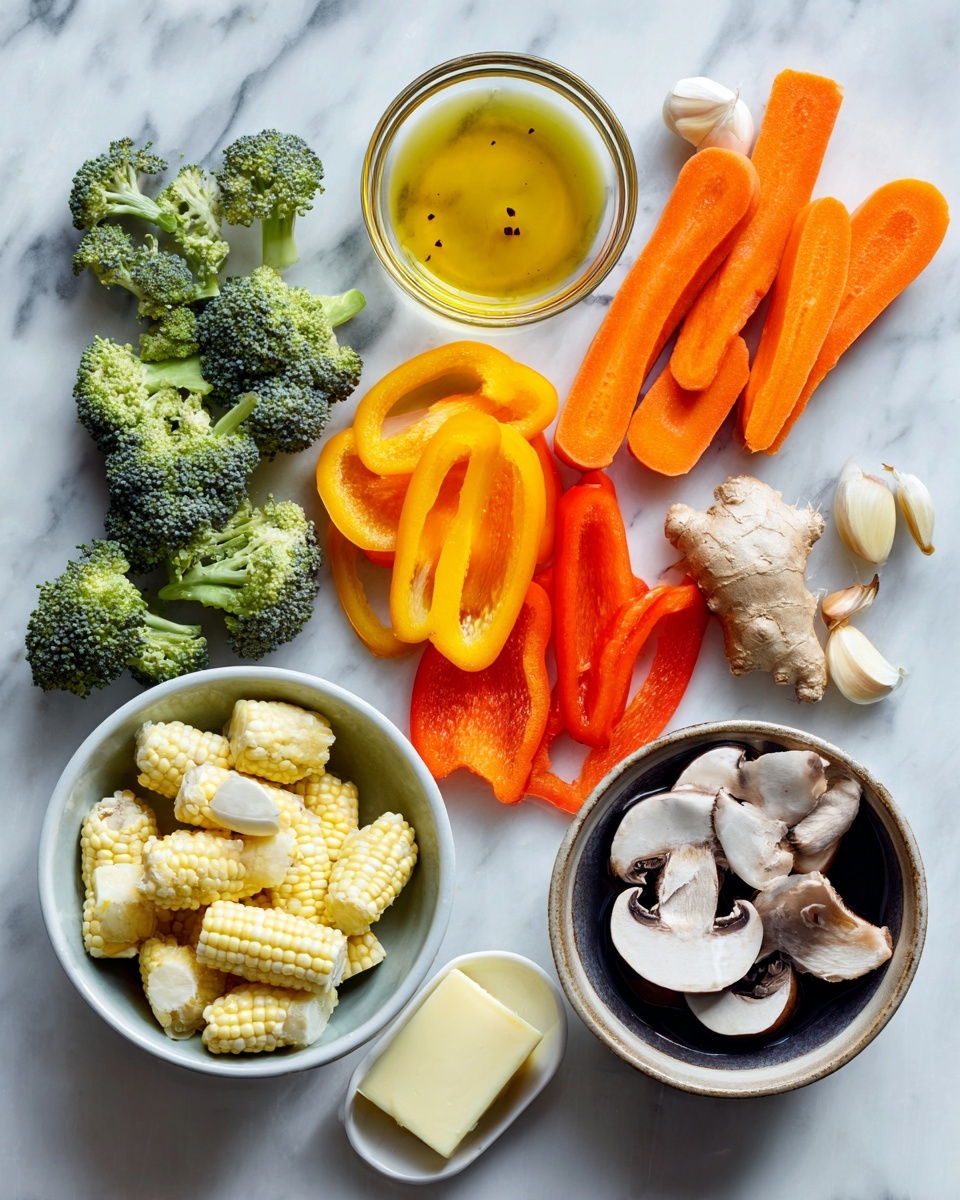 Vegetable Stir Fry with Savory Soy-Honey Sauce, stir fry vegetables recipe, quick healthy stir fry, Asian vegetable stir fry, flavorful vegetable dinner - Flat lay of one large sliced carrot, a small pile of medium broccoli florets, a few baby corn spears, a handful of sliced mushrooms, one whole sliced colorful bell pepper, three peeled garlic cloves, a small piece of fresh ginger root cut into slices, a small bowl of light golden cooking oil, a pat of unsalted butter, and a small bowl with stir fry sauce ingredients mixed together, all placed on a white marble surface, photo taken with an iphone --ar 2:3 --v 7